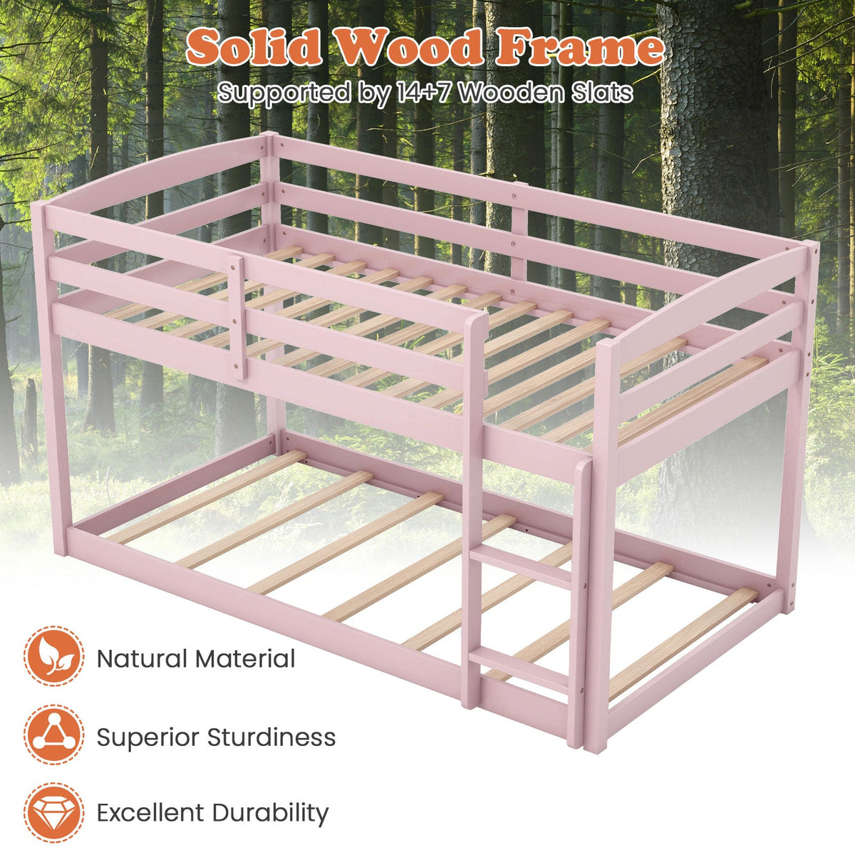 Twin Size Bunk Bed with High Guardrails and Integrated Ladder-Pink