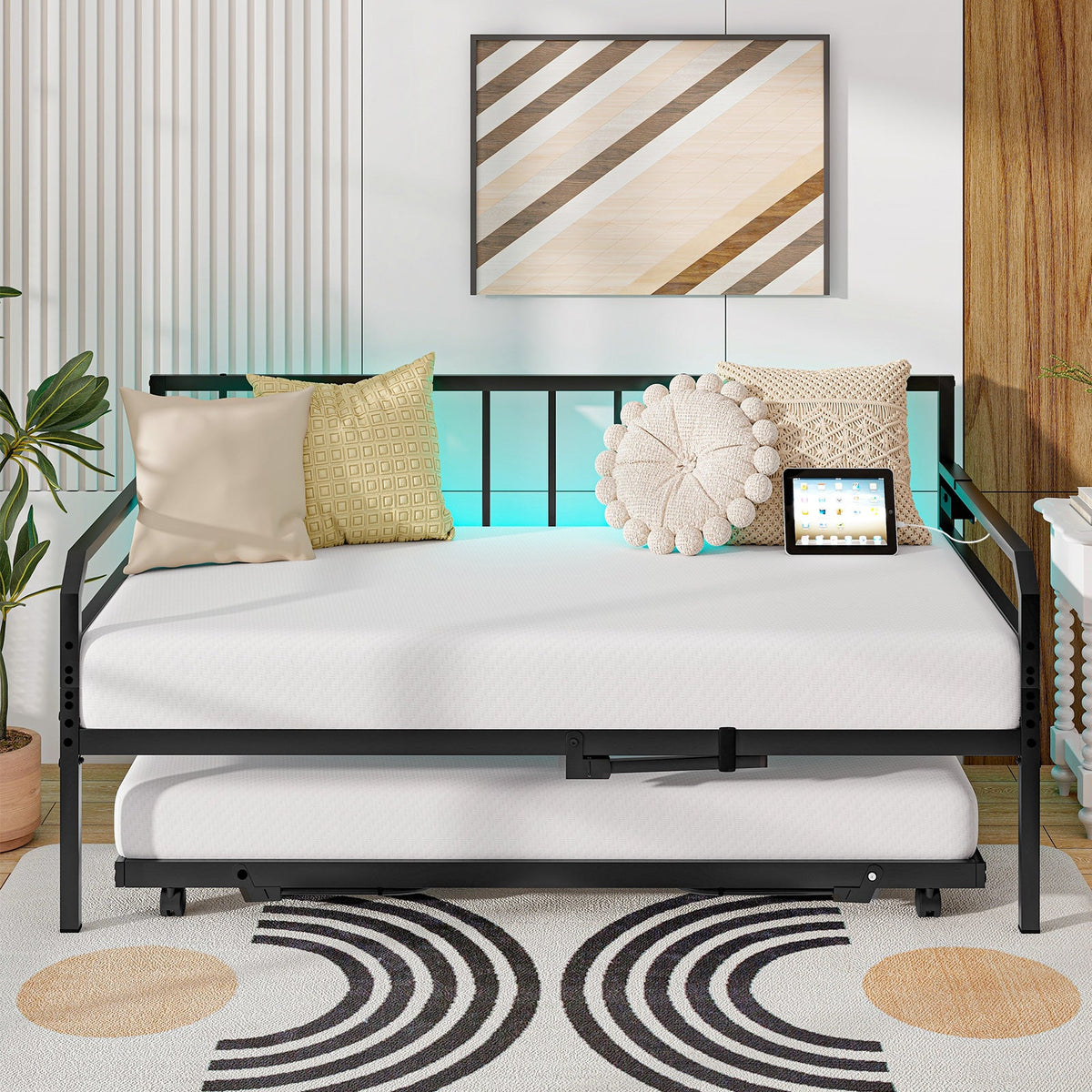 Adjustable Metal Twin Size Daybed with Charging Station and LED Light