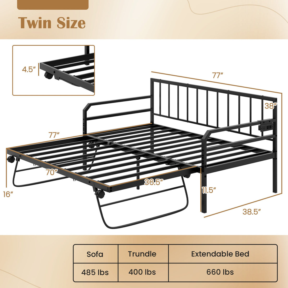 Adjustable Metal Twin Size Daybed with Charging Station and LED Light