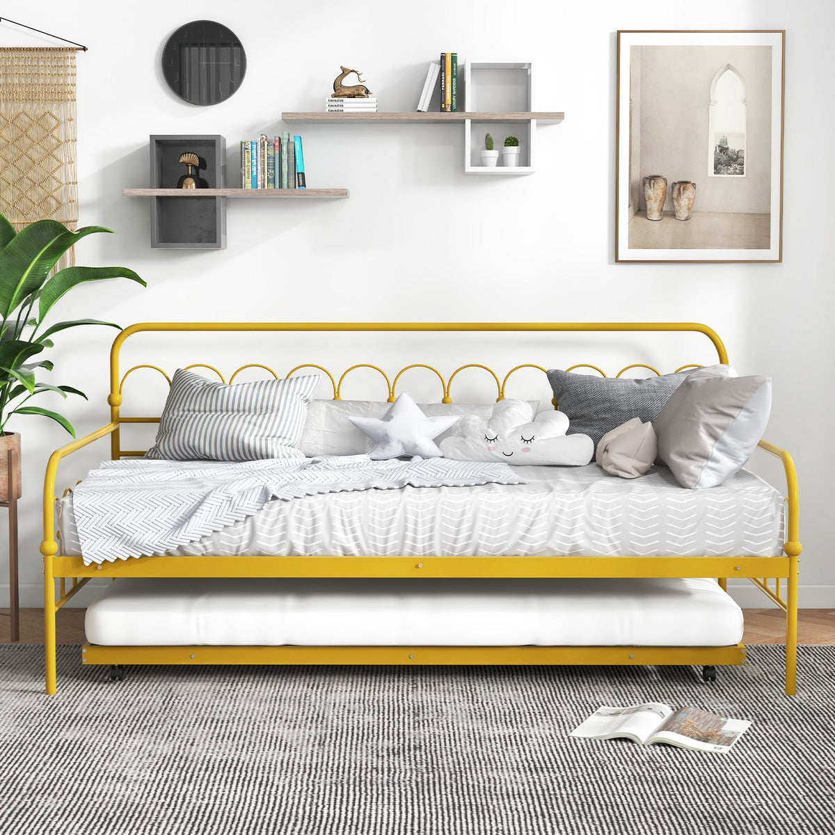 Twin Size Golden Metal Daybed with Trundle and Lockable Wheels-Twin Size