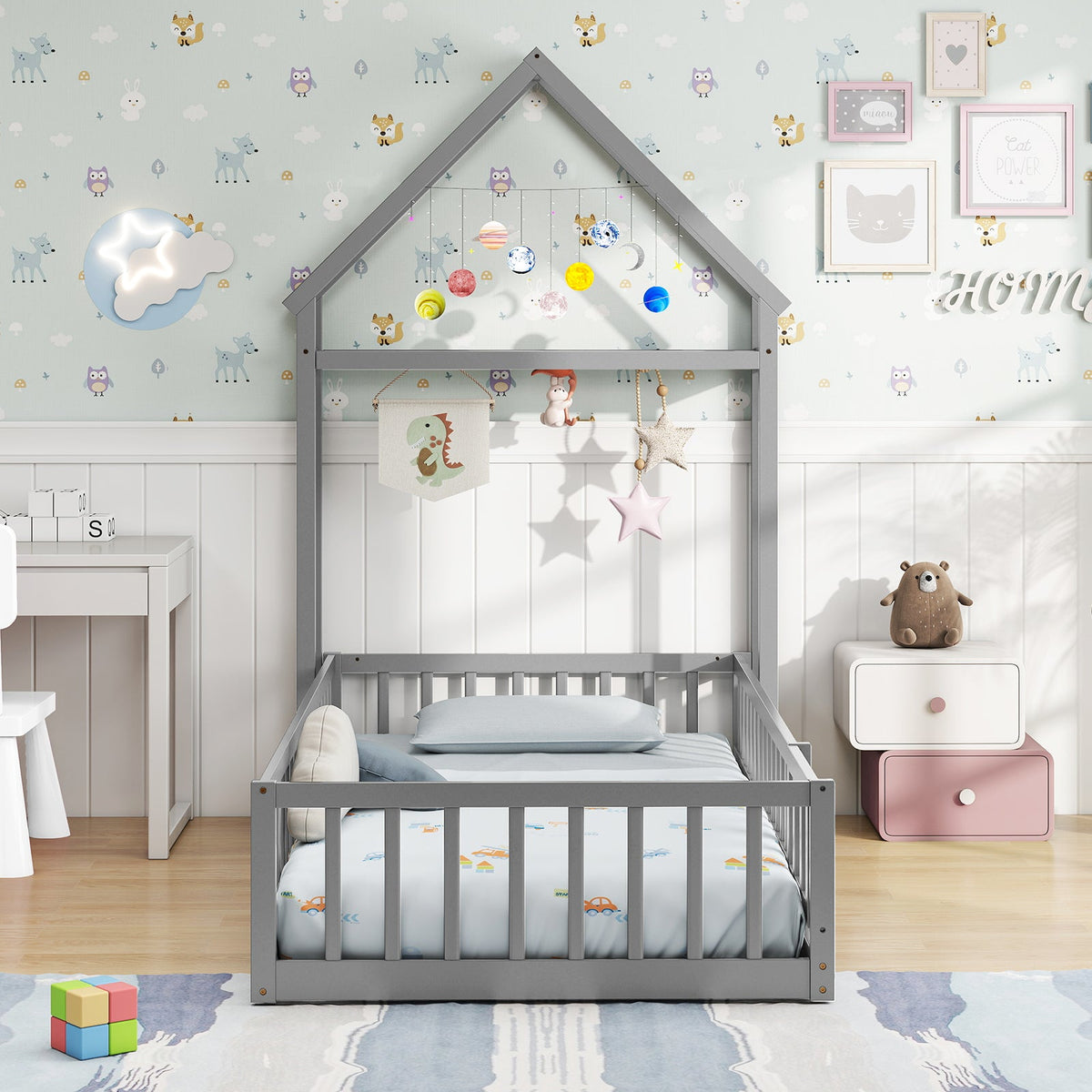 Twin Size House Floor Bed with House-shaped Headboard