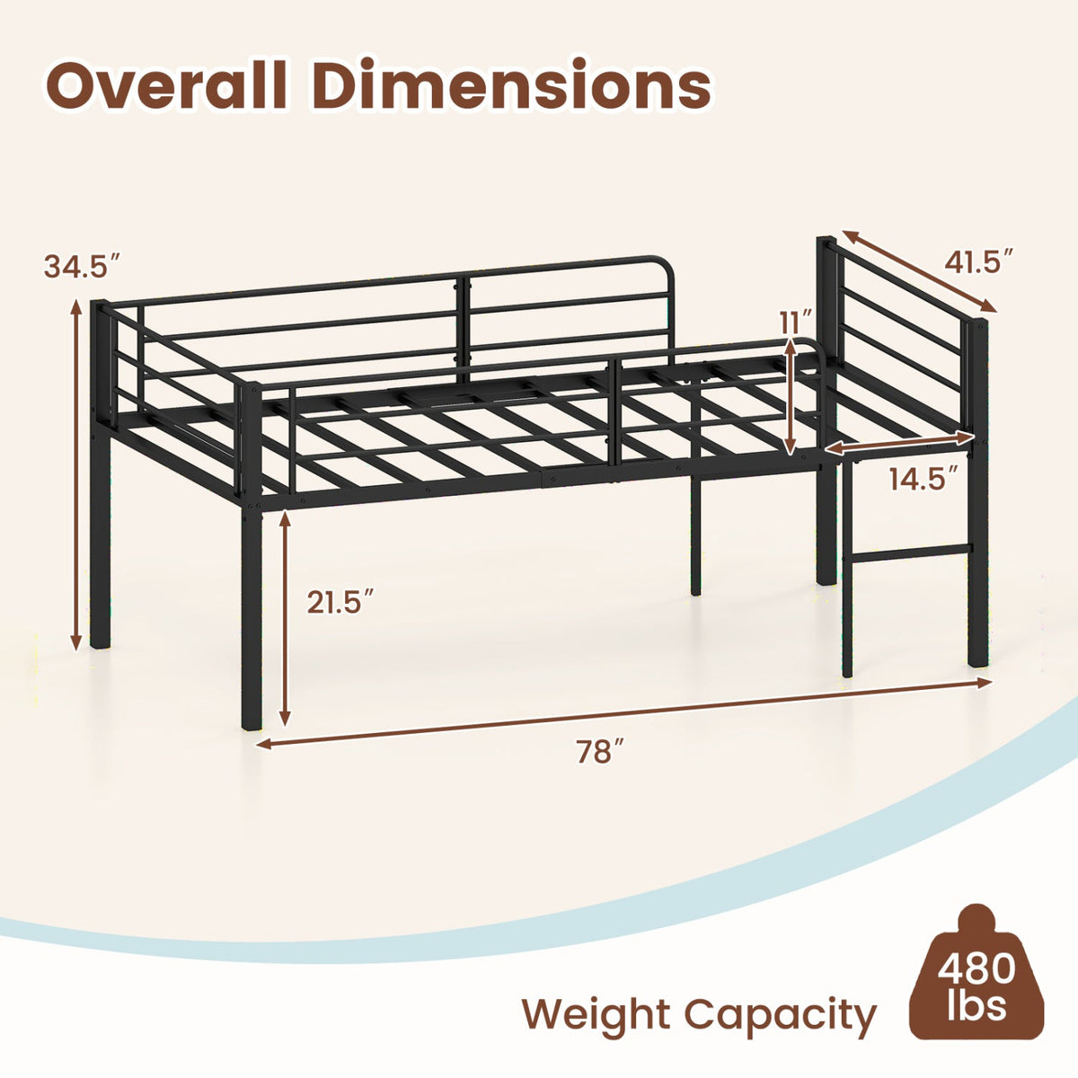 Twin Size Low Loft Bed with Safety Guardrails and 2 Ladders