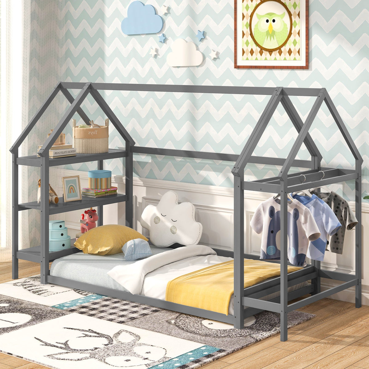 Twin Size Montessori Floor House Bed with Detachable Storage Shelves