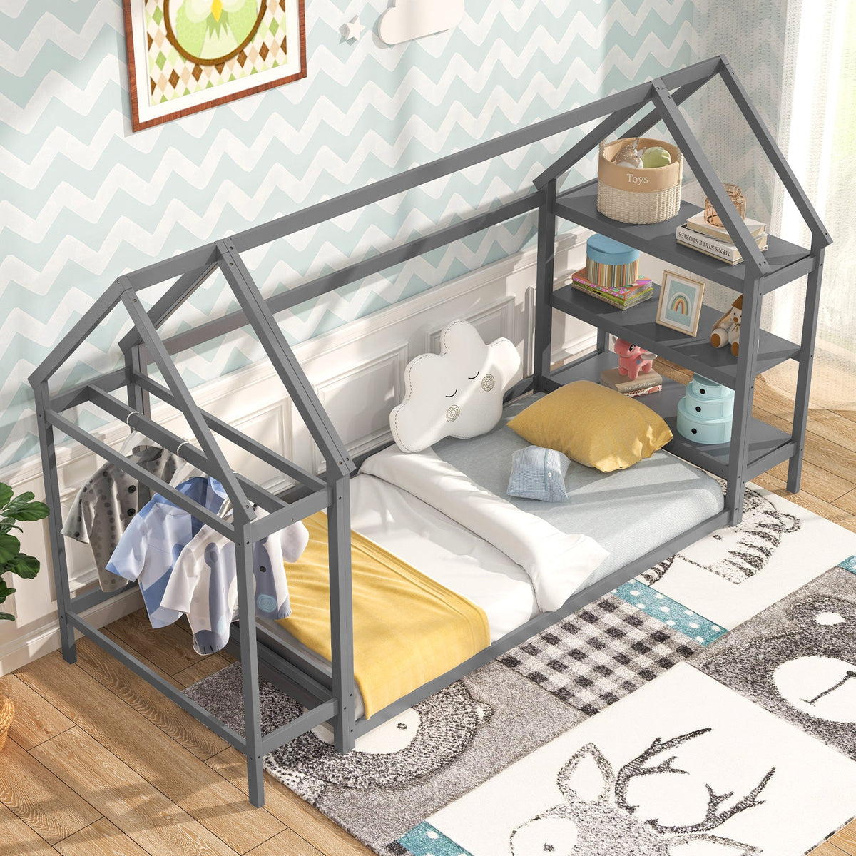 Twin Size Montessori Floor House Bed with Detachable Storage Shelves