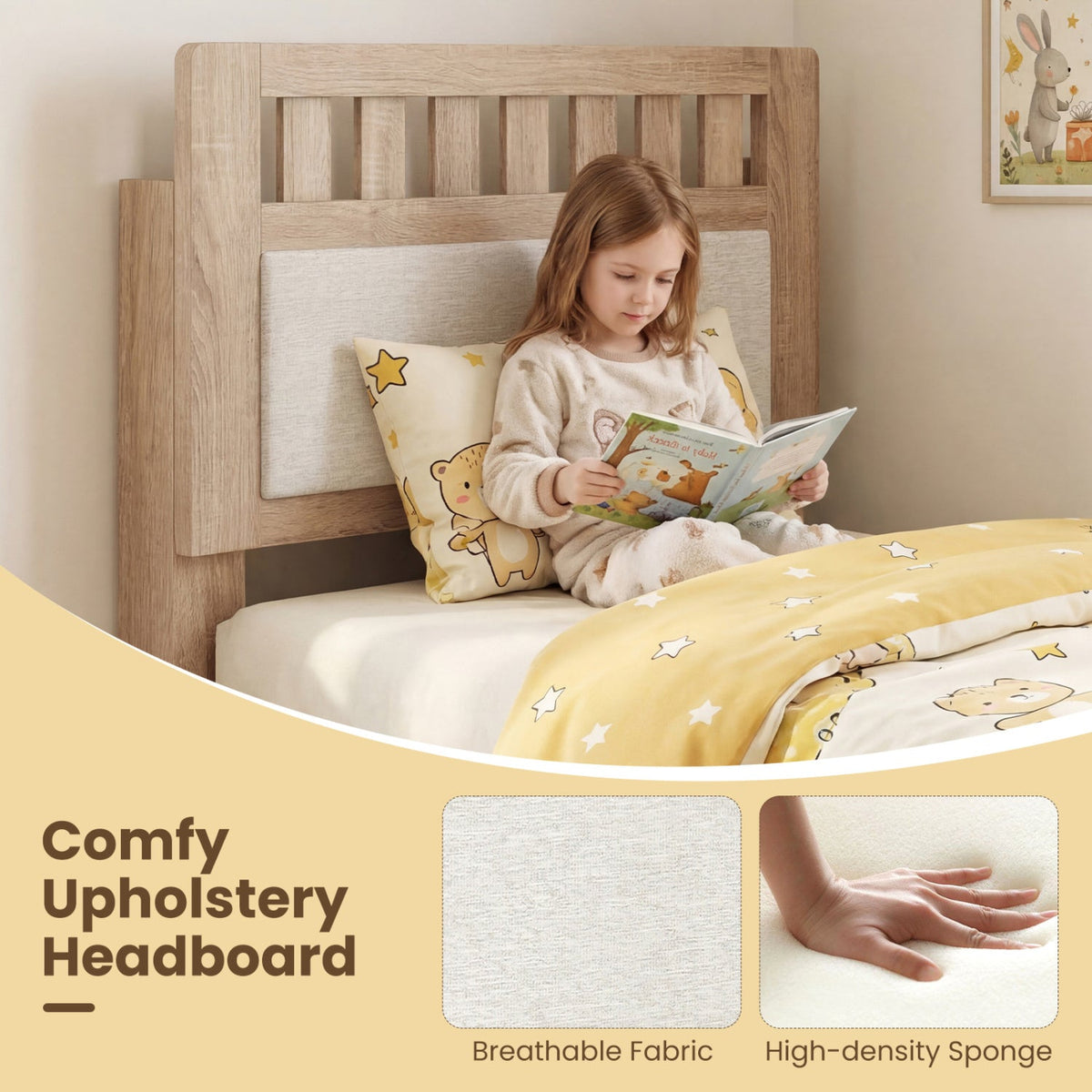 Twin Size Wood Bed Frame with Upholstered Headboard Mid Century Style