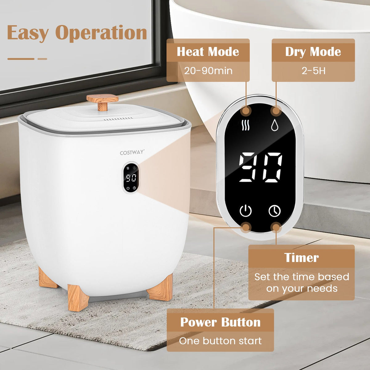 20L Towel Warmer Bucket with PTC Air Heater for Rapid and Even Heating-White
