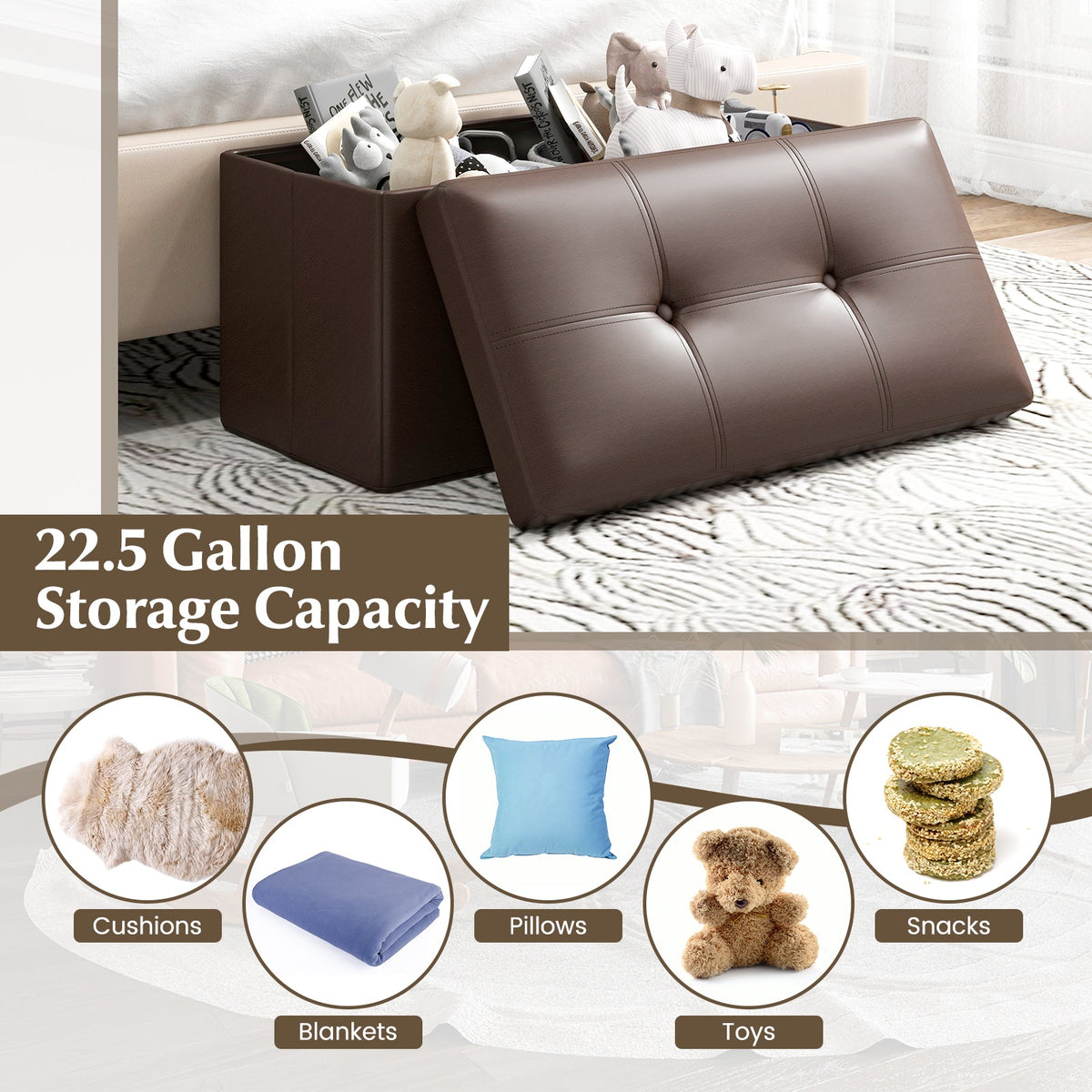 Upholstered Rectangle Footstool with PVC Leather Surface and Storage Function