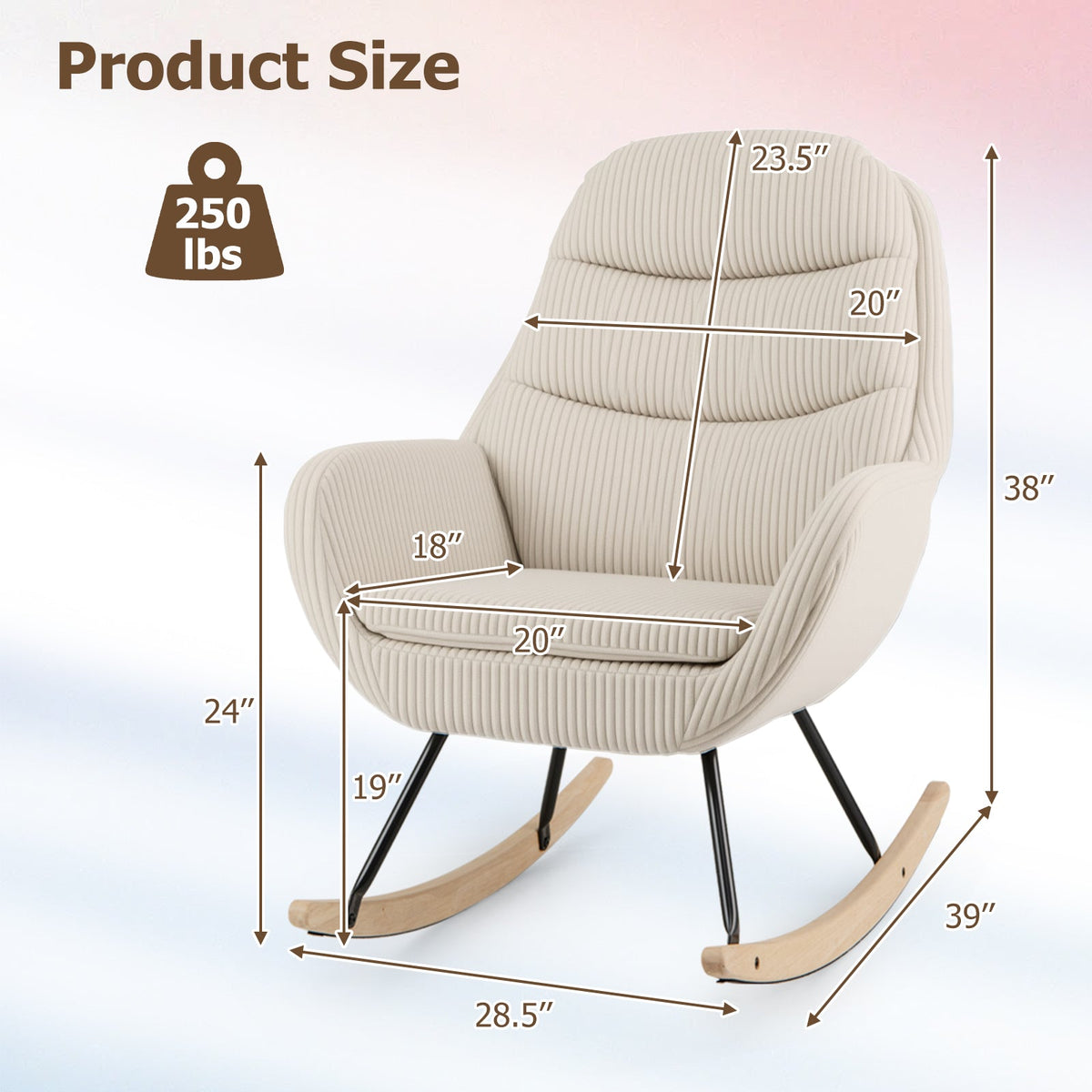 Upholstered Rocking Chair Nursery Glider Rocker with Padded Backrest and Seat-Beige