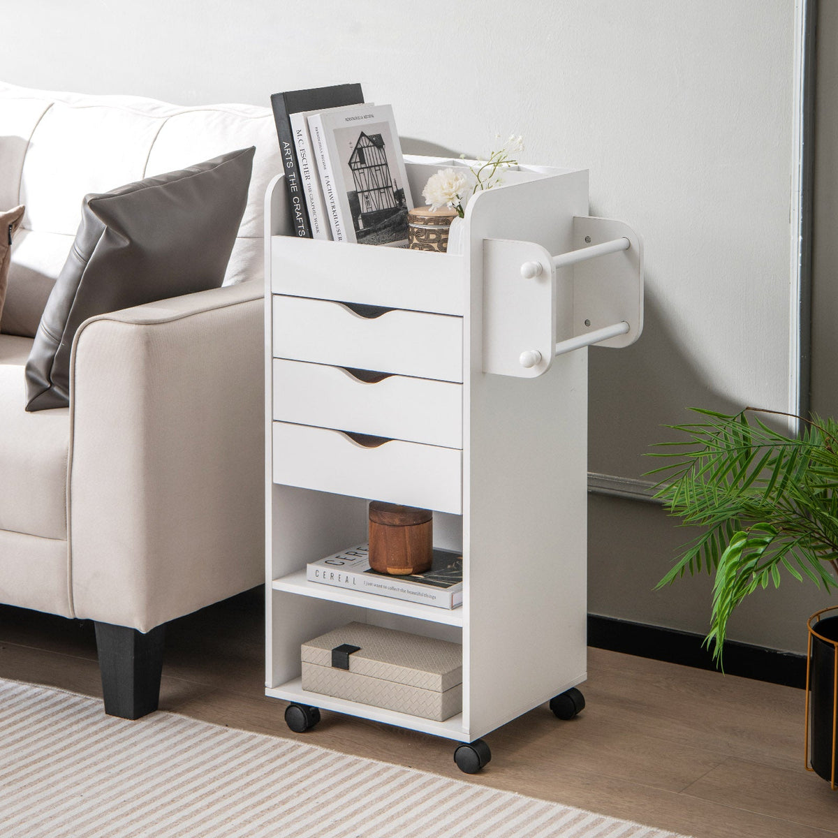 Utility Trolley with Open Shelves and 3 Drawers-White