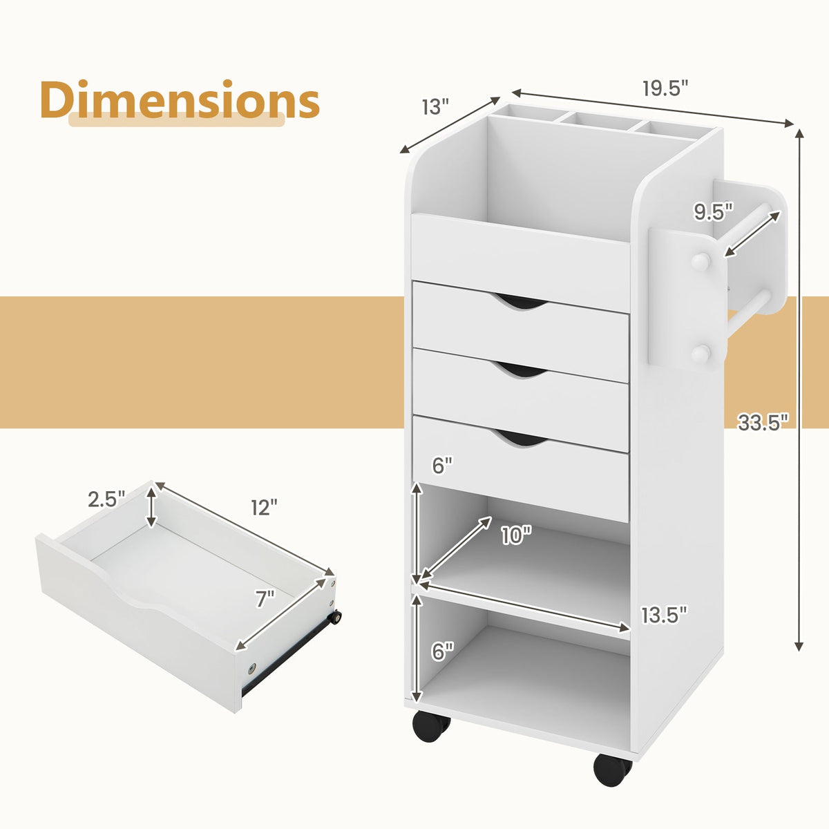 Utility Trolley with Open Shelves and 3 Drawers-White