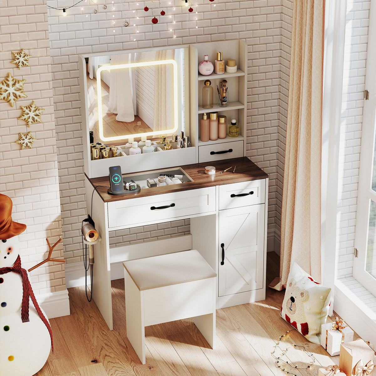 Vanity Desk with Mirror and Lights Farmhouse Makeup Dressing Table-White