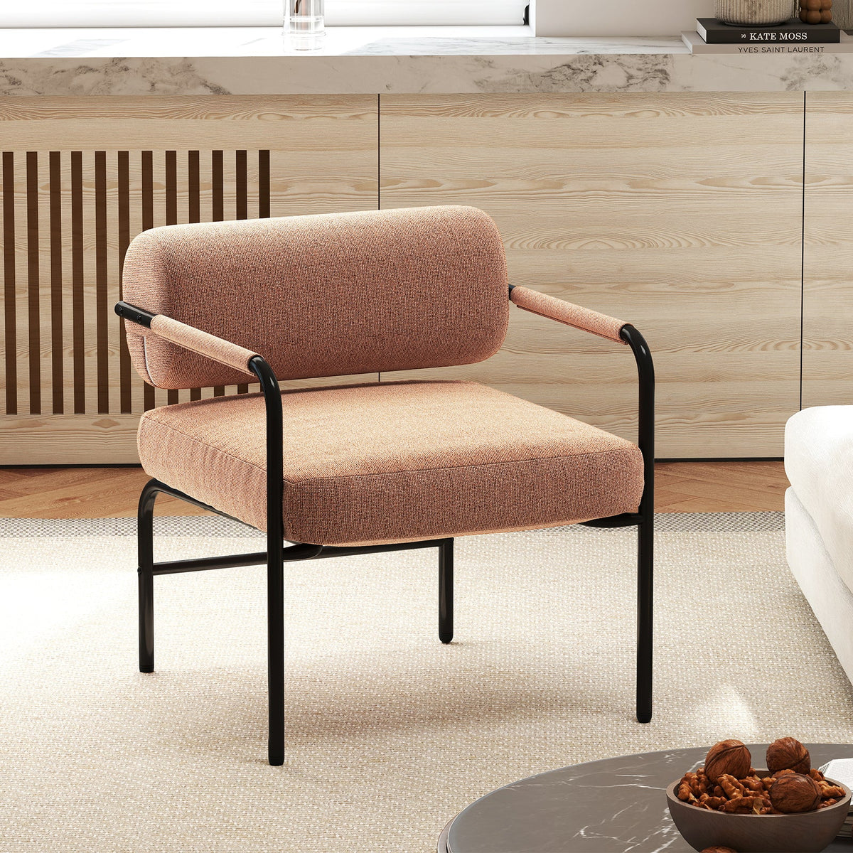 Velvet Upholstered Accent Chair with Cylindrical Backrest and Metal Armrests