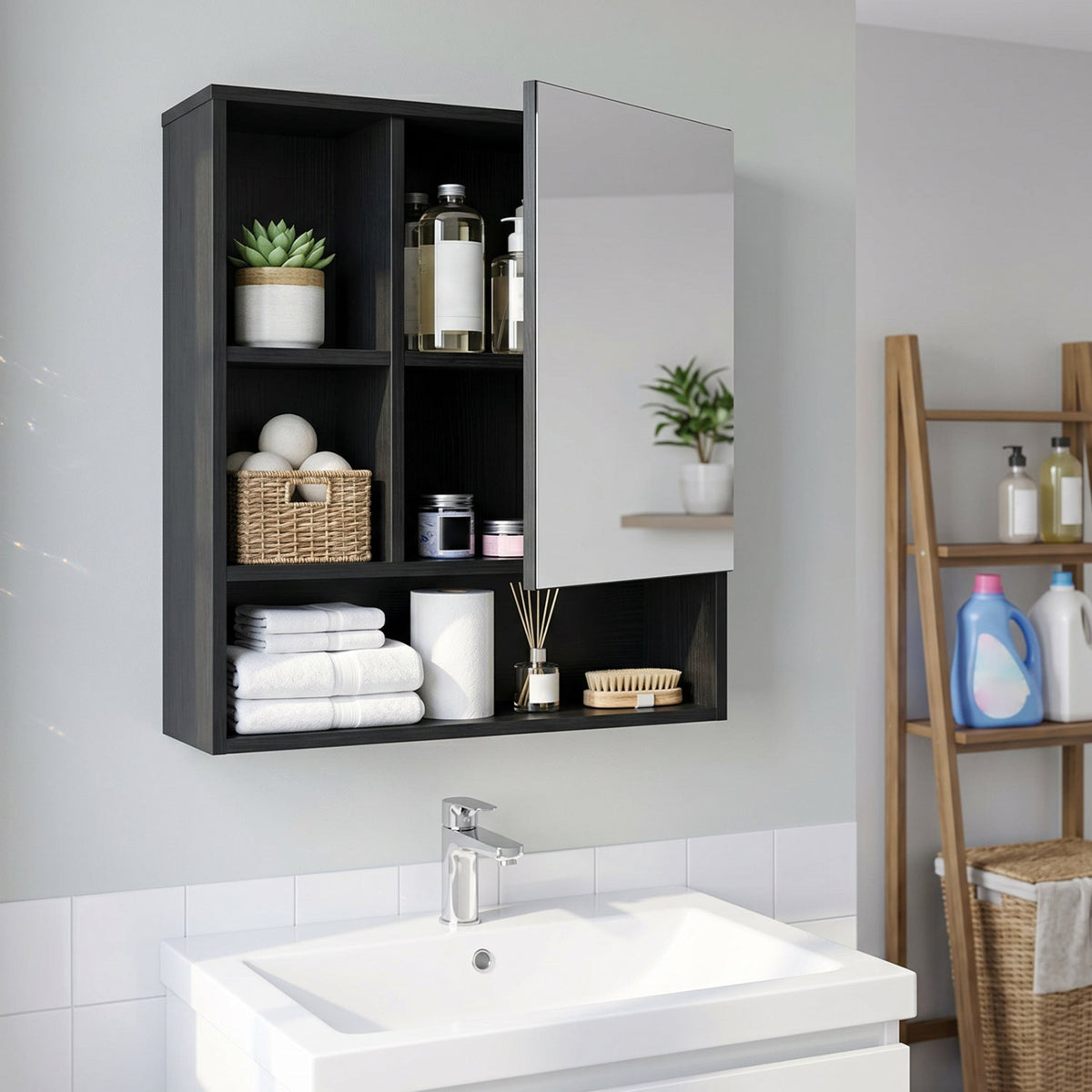 Wall-Mounted Mirror Cabinet with Hidden & Open Storage DirectDeals