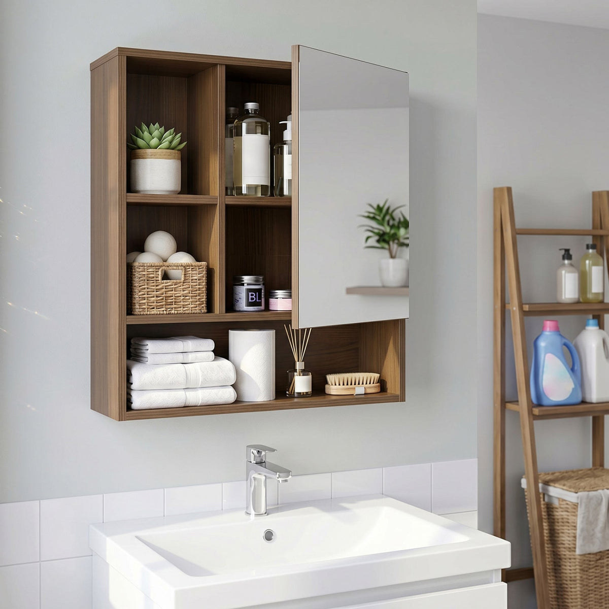 Wall-Mounted Mirror Cabinet with Hidden & Open Storage DirectDeals