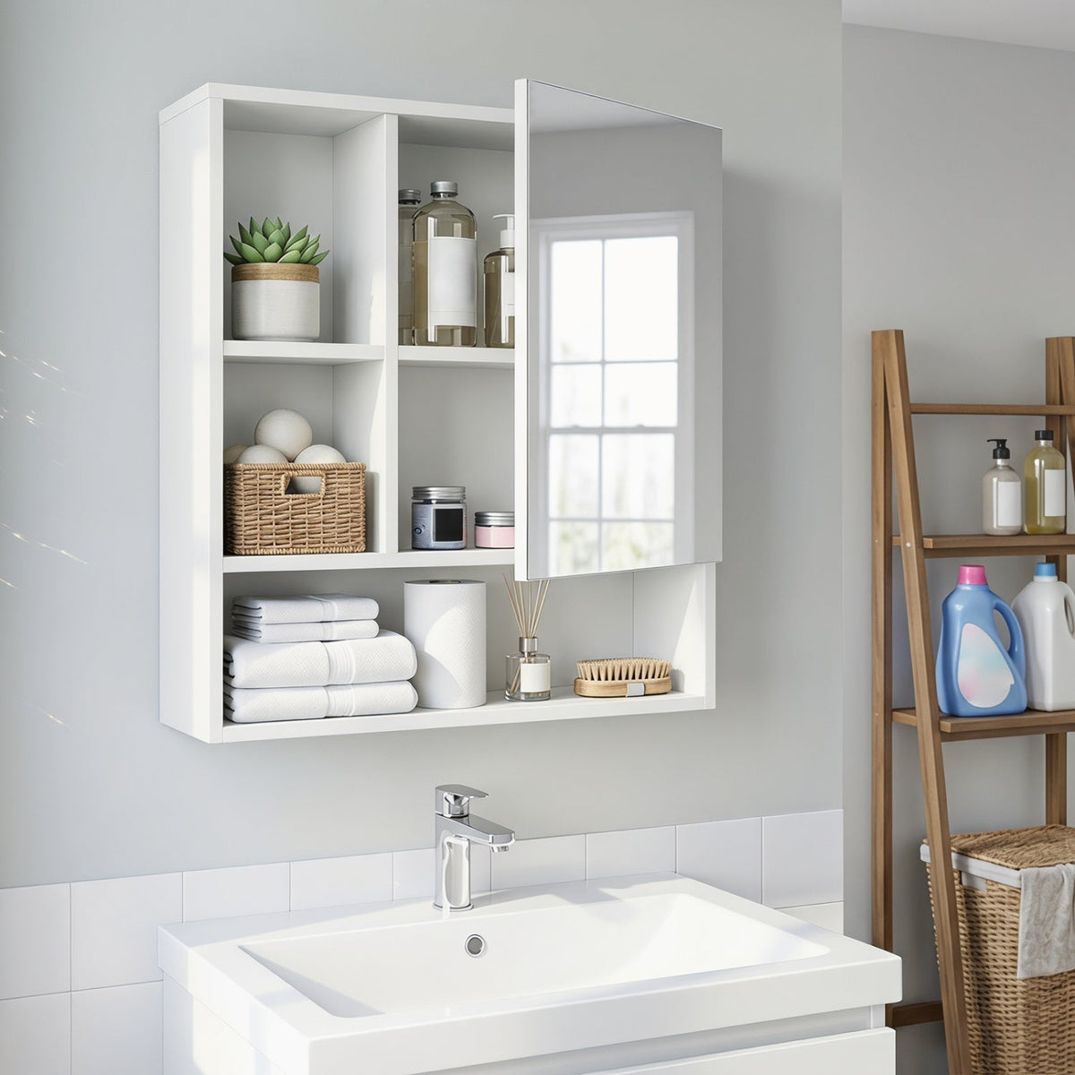 Wall-Mounted Mirror Cabinet with Hidden & Open Storage DirectDeals
