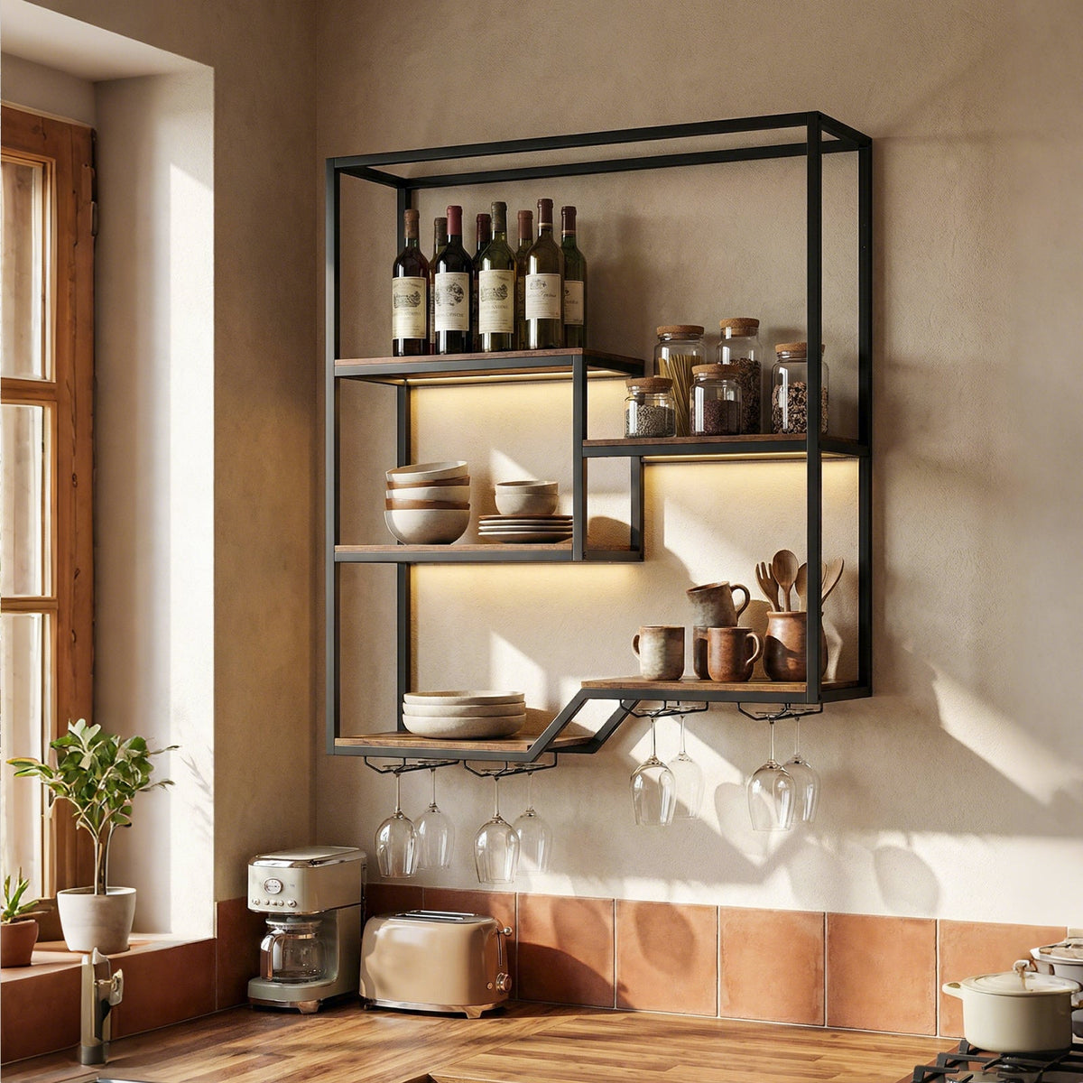 Wall Mounted Wine Rack 6-Tier Hanging Bar Shelf with Bottle Display Shelf and Glass Holder-Rustic Brown