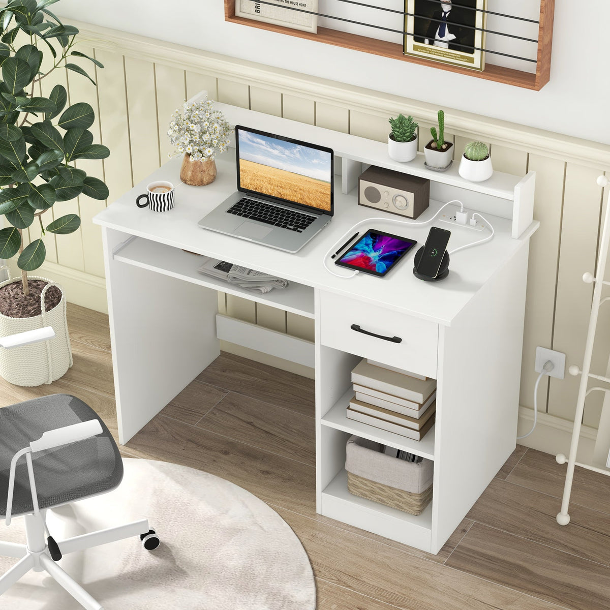 White Desk with Charging Station and Adjustable Shelf for Home Office-White