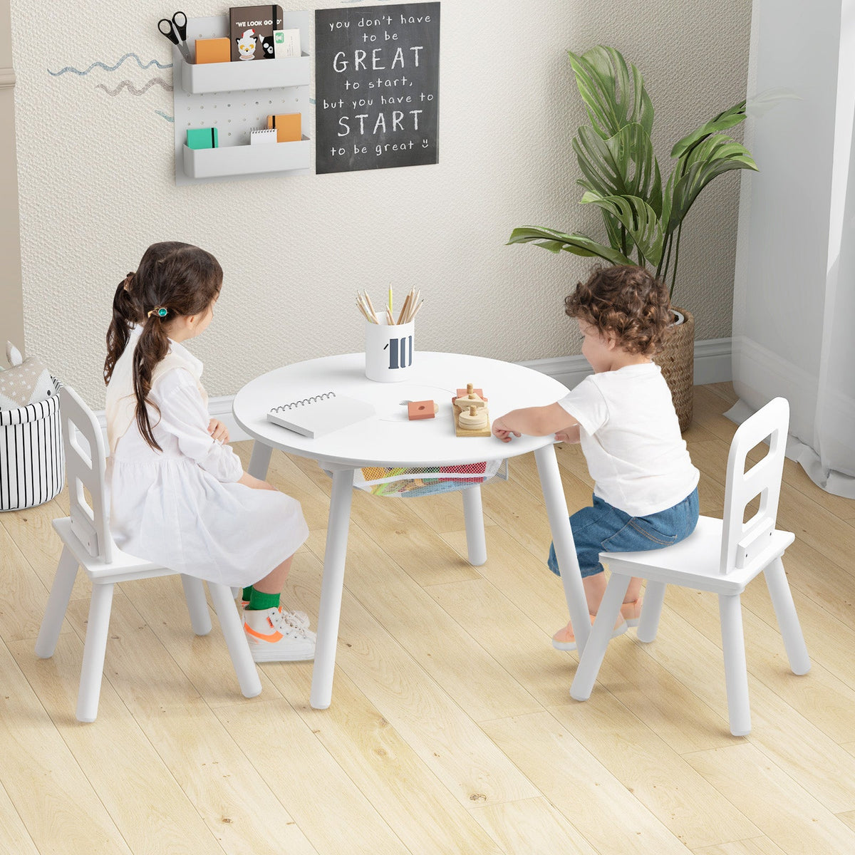 Wood Activity Kids Table and Chair Set with Center Mesh Storage-White