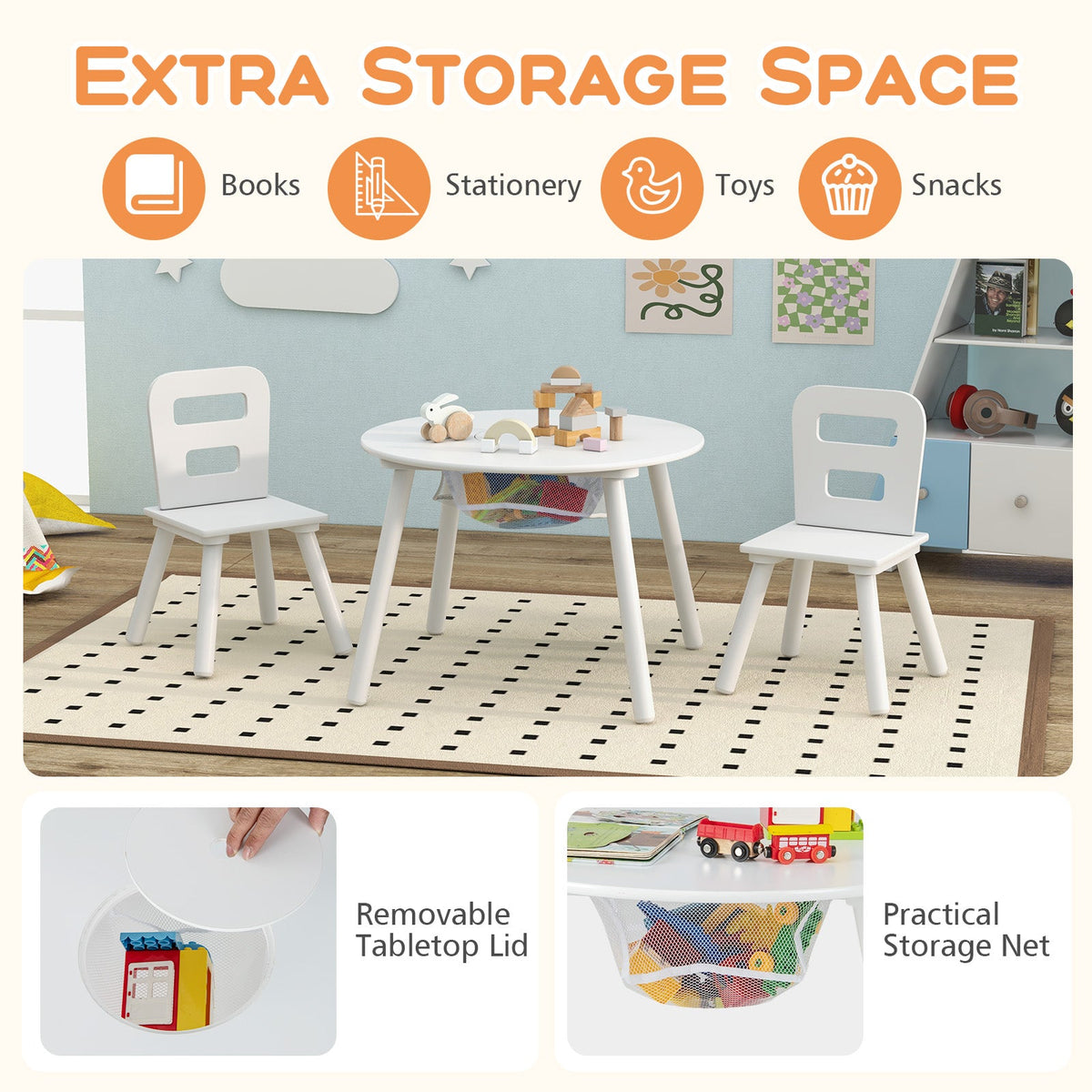 Wood Activity Kids Table and Chair Set with Center Mesh Storage-White