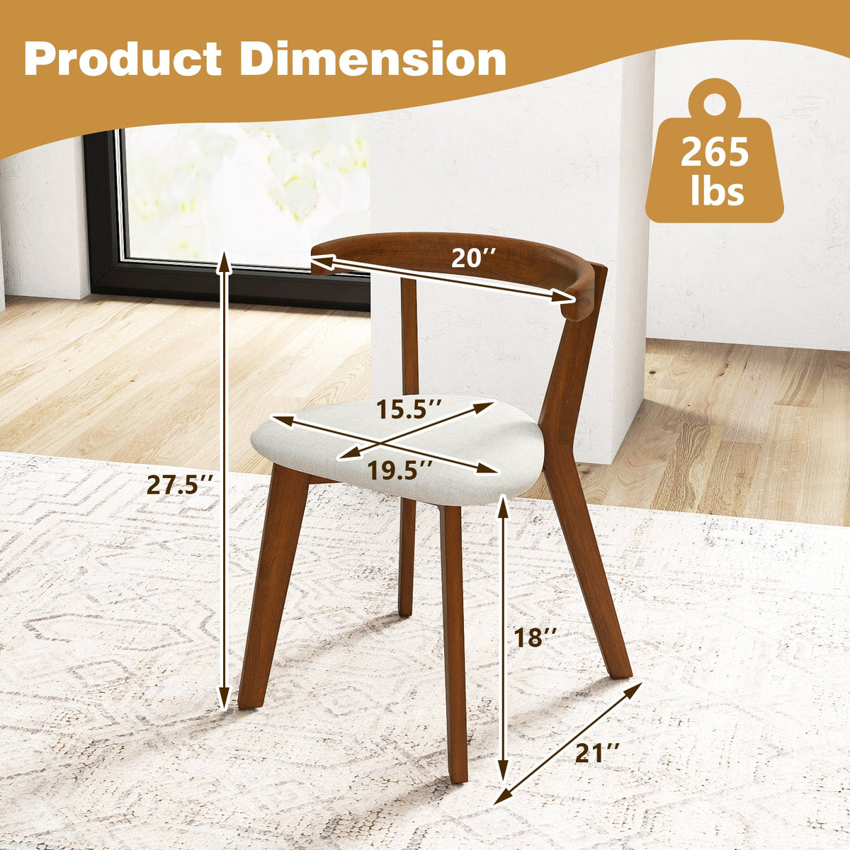 Wood Dining Chair Set of 2 with Padded Seat and Curved Back-Walnut