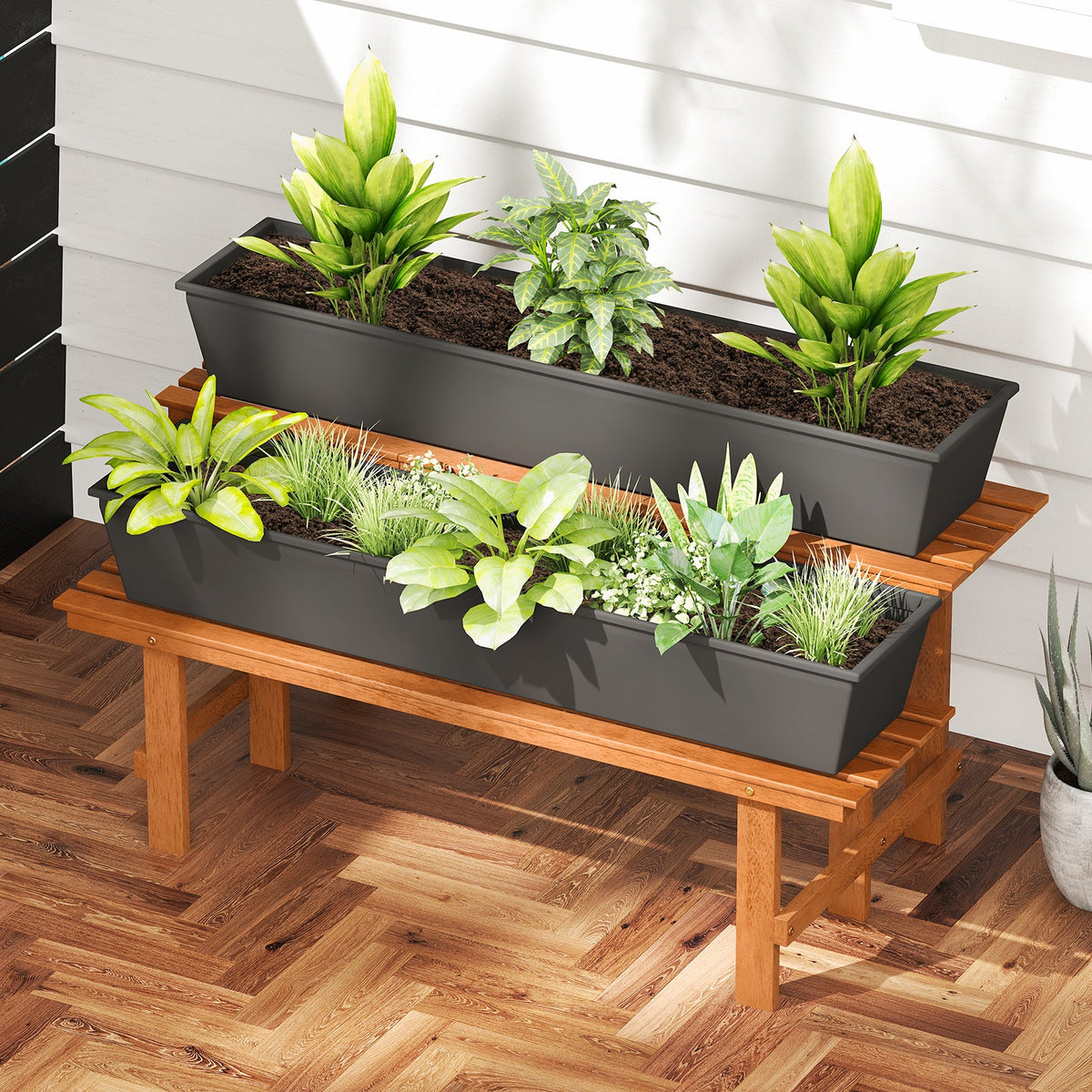 2-Tier Wood Plant Stand Ladder Plant Shelf for Indoor Outdoor