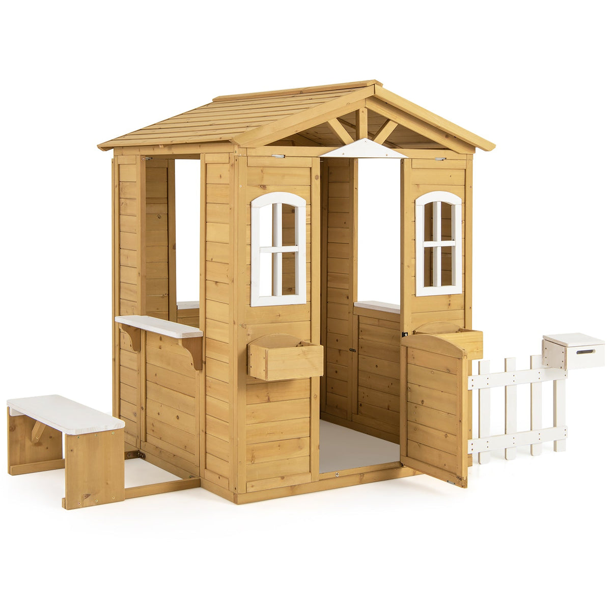 Wood Playhouse with Bench and Serving Stations for 2+ Years Old Kids