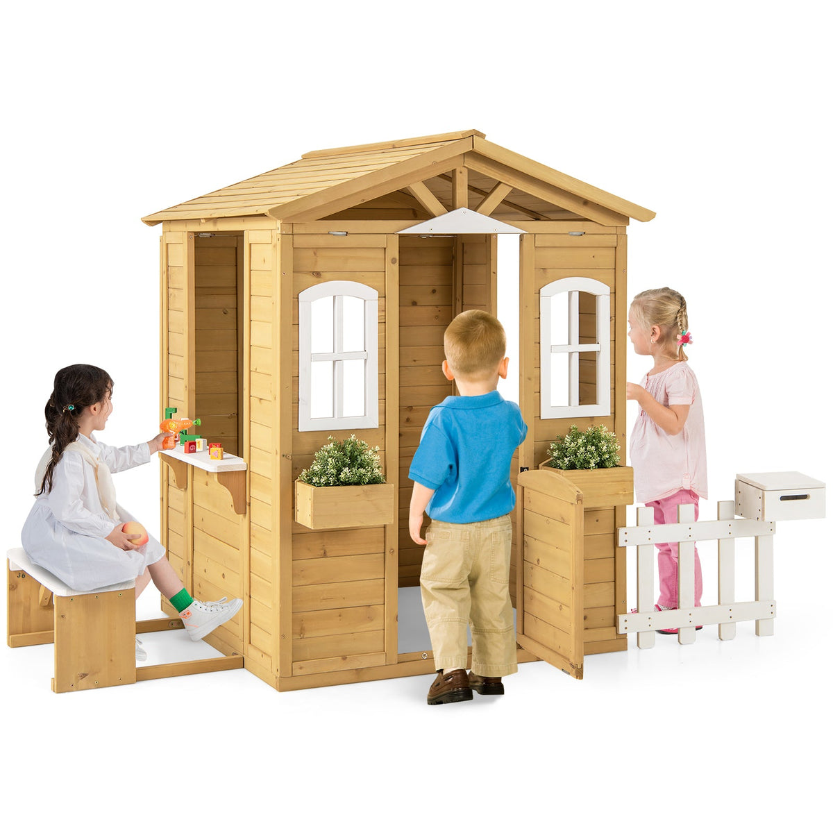Wood Playhouse with Bench and Serving Stations for 2+ Years Old Kids