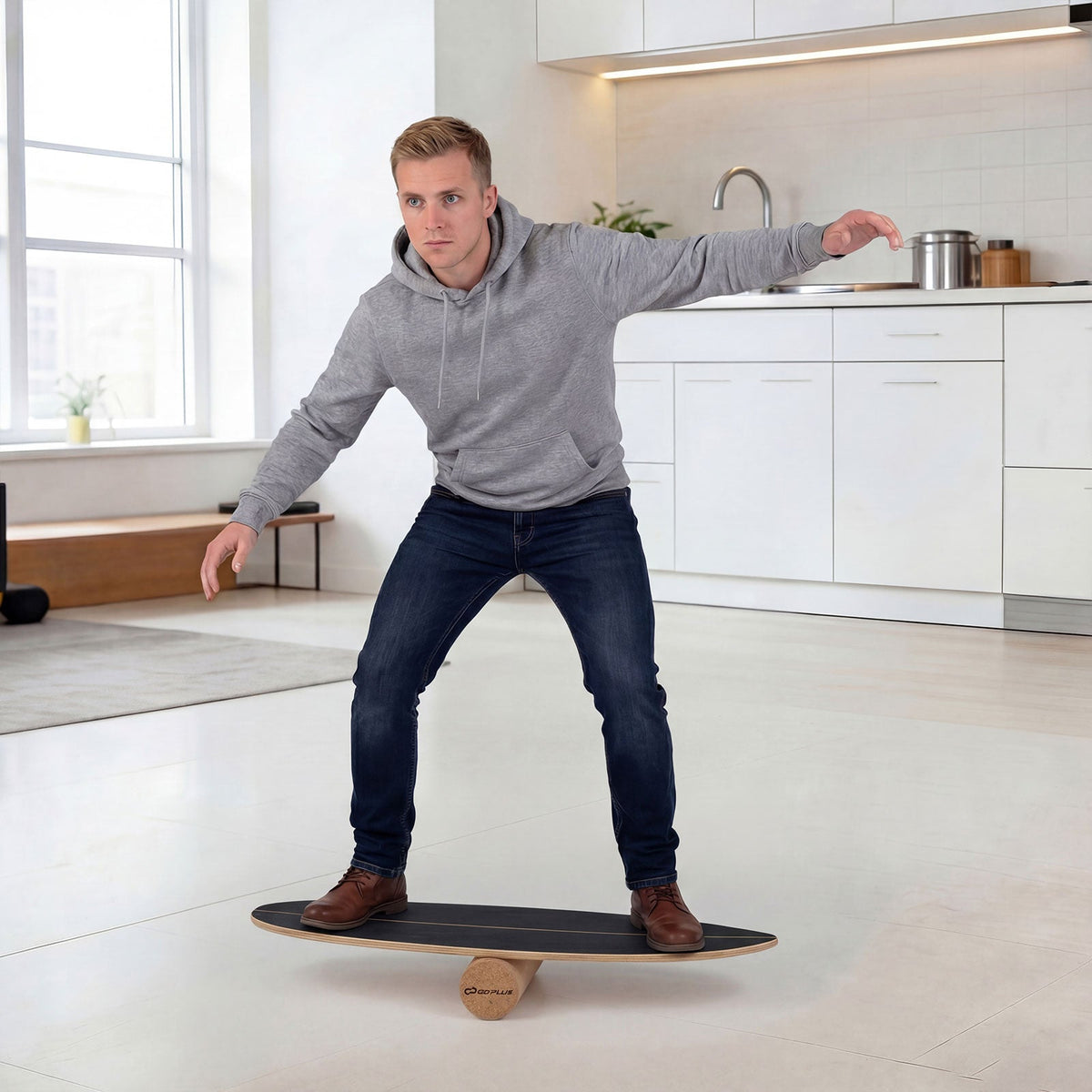Wooden Balancing Board with Cork Roller and Storage Rack to Exercise