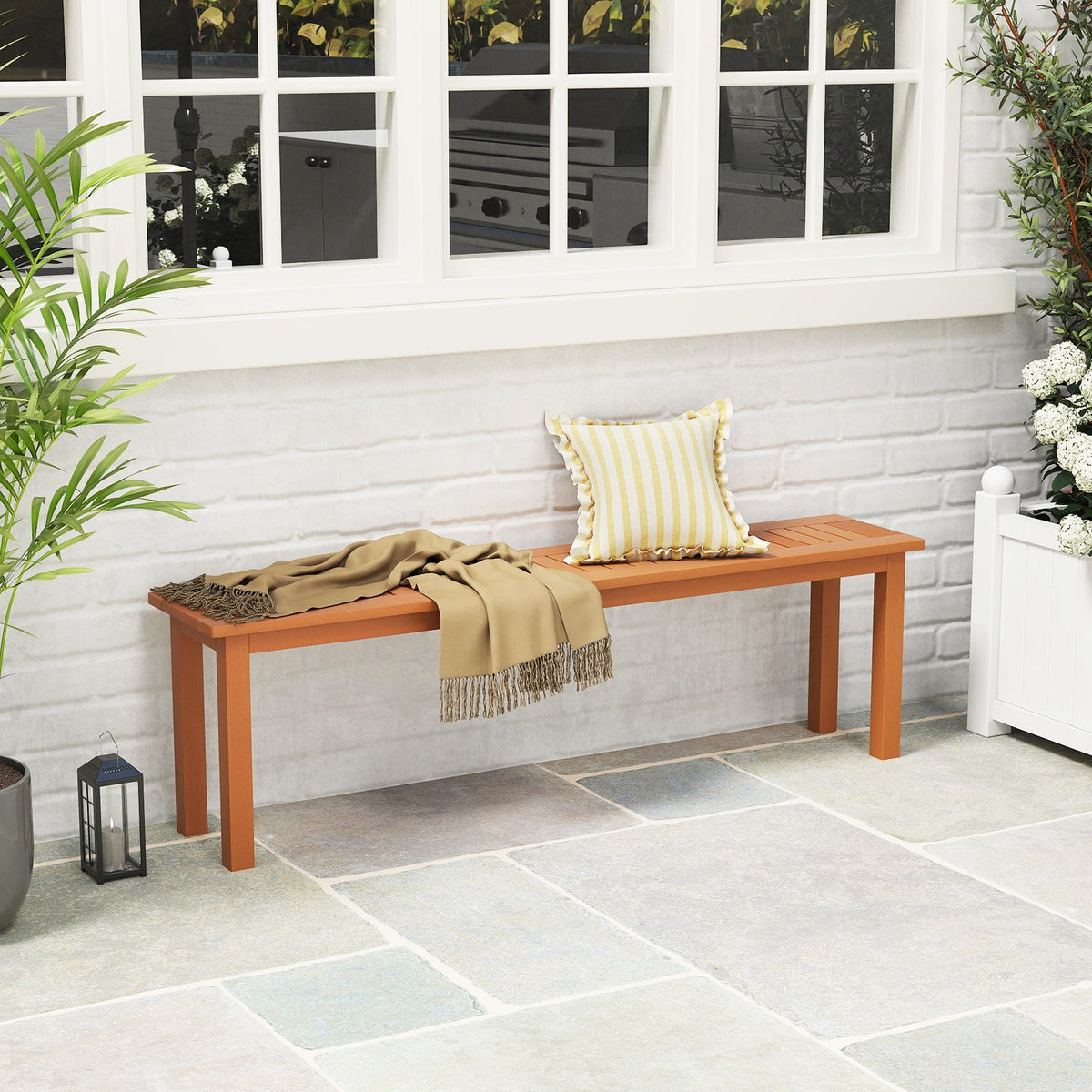 Outdoor 59 Inch Long Patio Dining Backless Wooden Bench with Teak Oil Finish DirectDeals