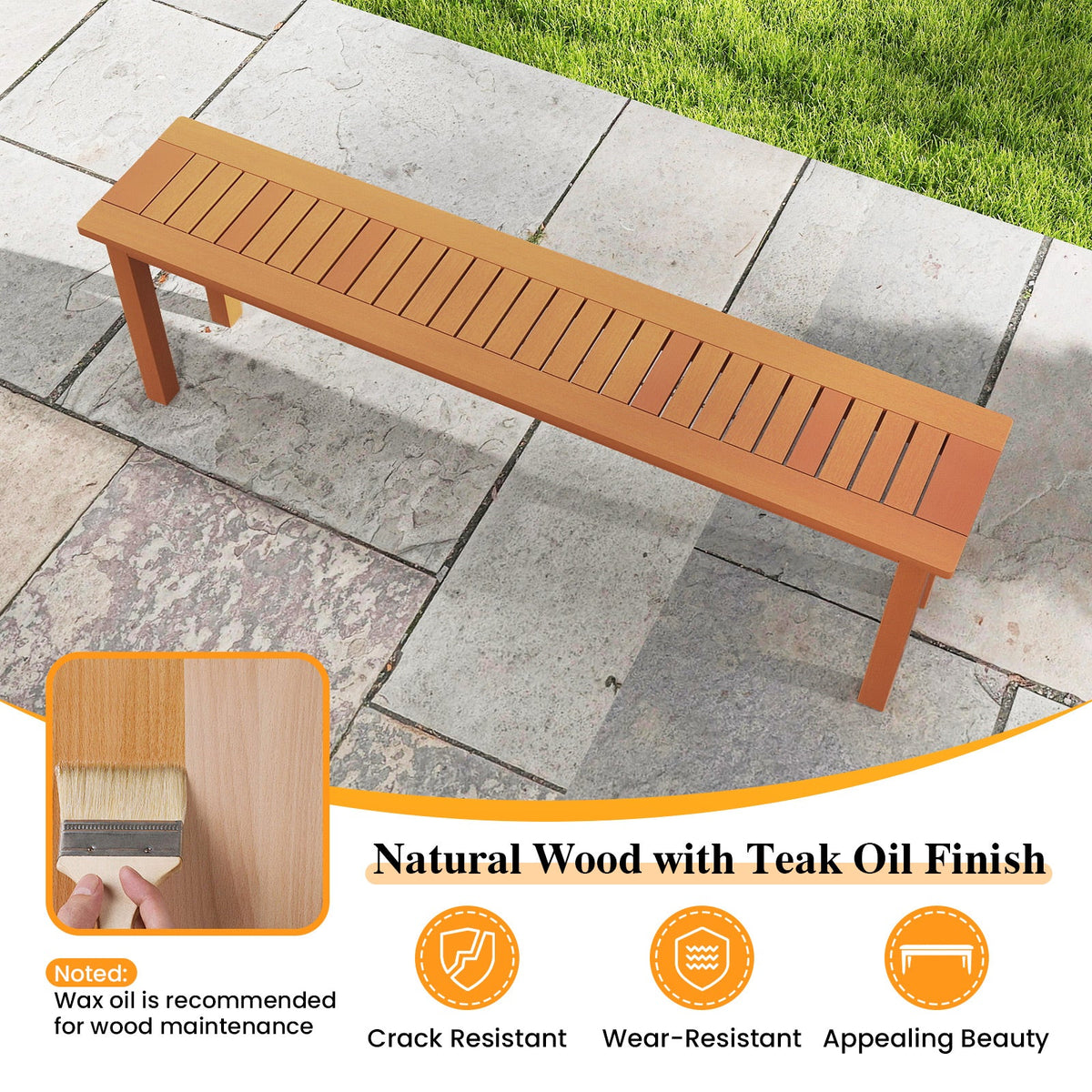 Outdoor 59 Inch Long Patio Dining Backless Wooden Bench with Teak Oil Finish DirectDeals