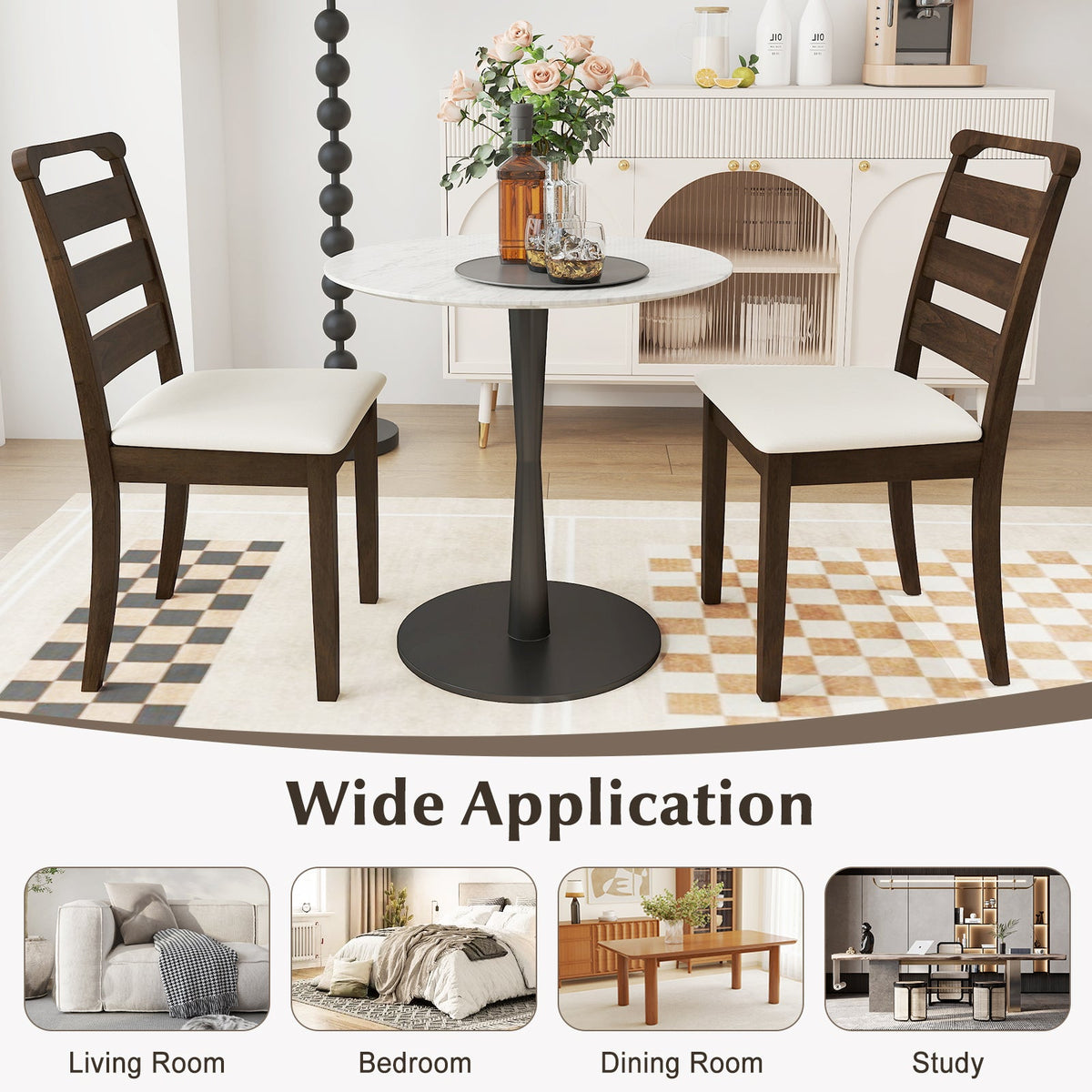 Polyester Upholstered Wooden Dining Chair Set of 2-Walnut