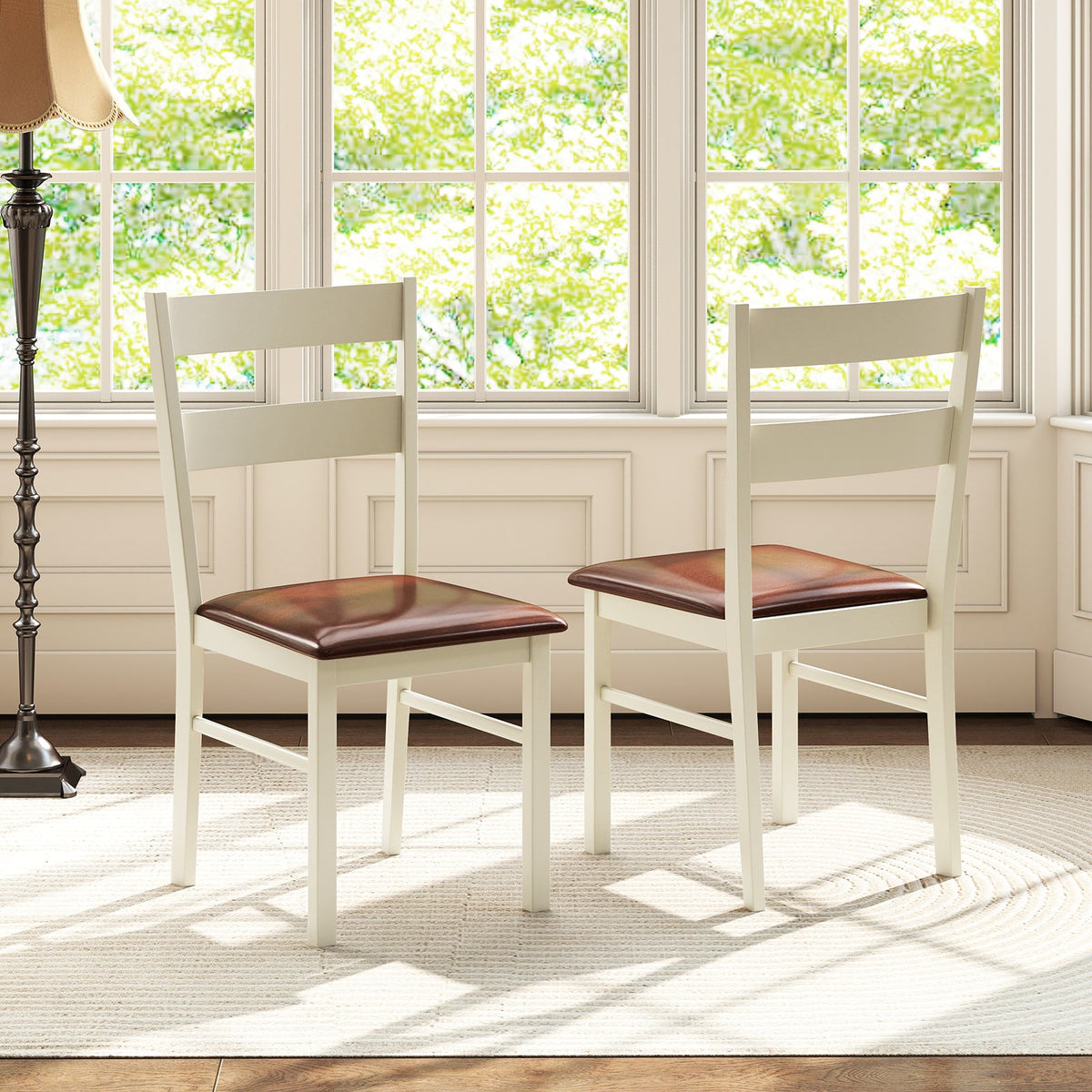 Wooden Dining Chair Set of 2 PU Leather Upholstered Kitchen Armless Chairs-White
