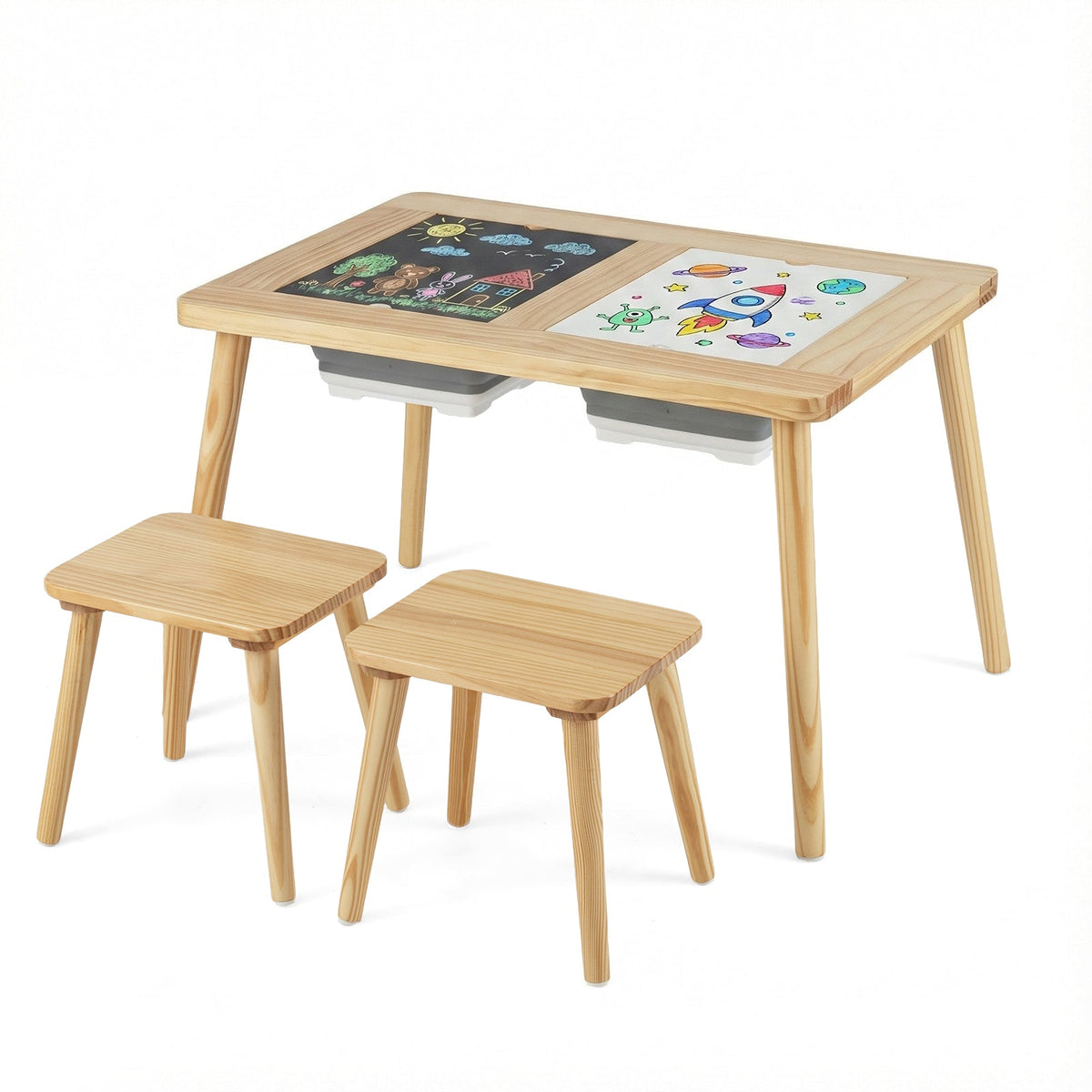 Wooden Kids Activity Table Set with 2 Foldable Storage Bins-Natural