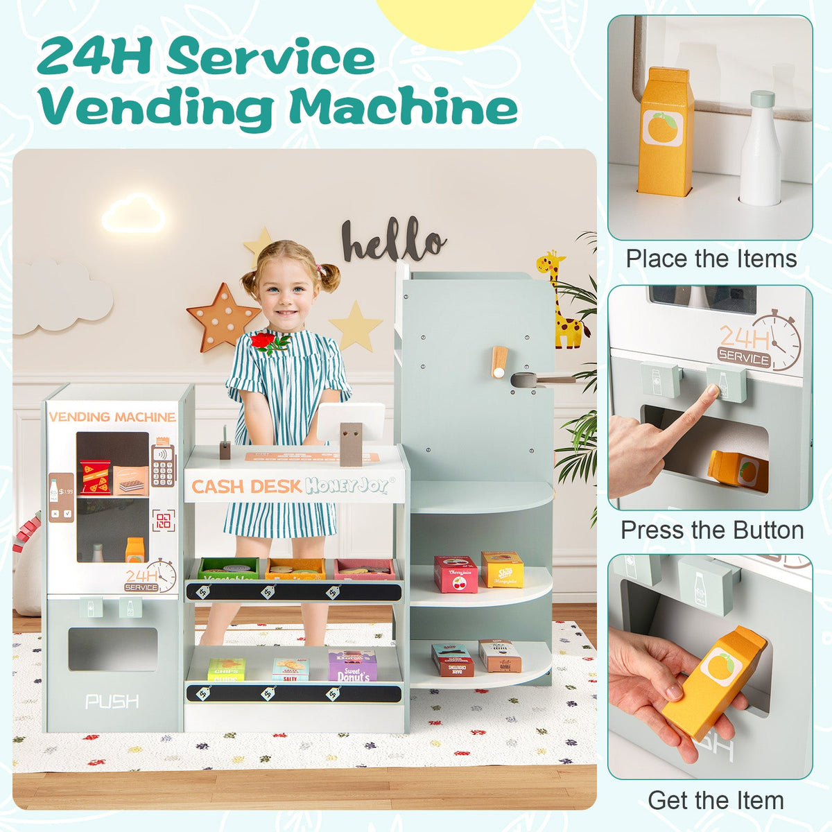 Wooden Kids Grocery Store Playset Pretend Play Supermarket-Green