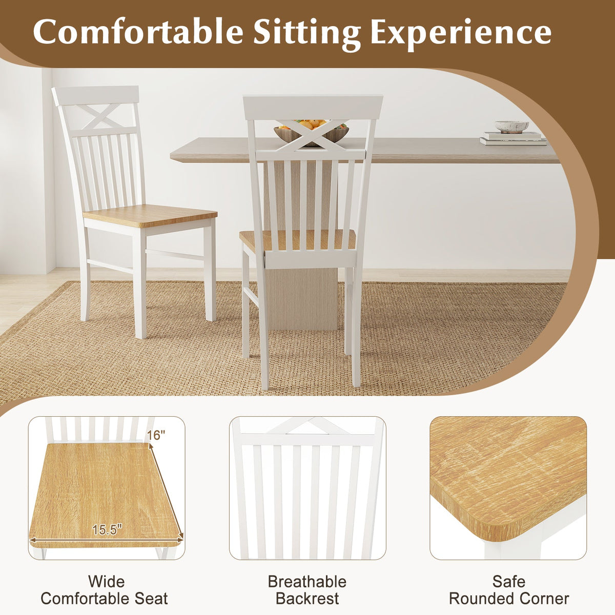 Wooden Kitchen Dining Chair Set of 2 with Rubber Wood Frame-Natural