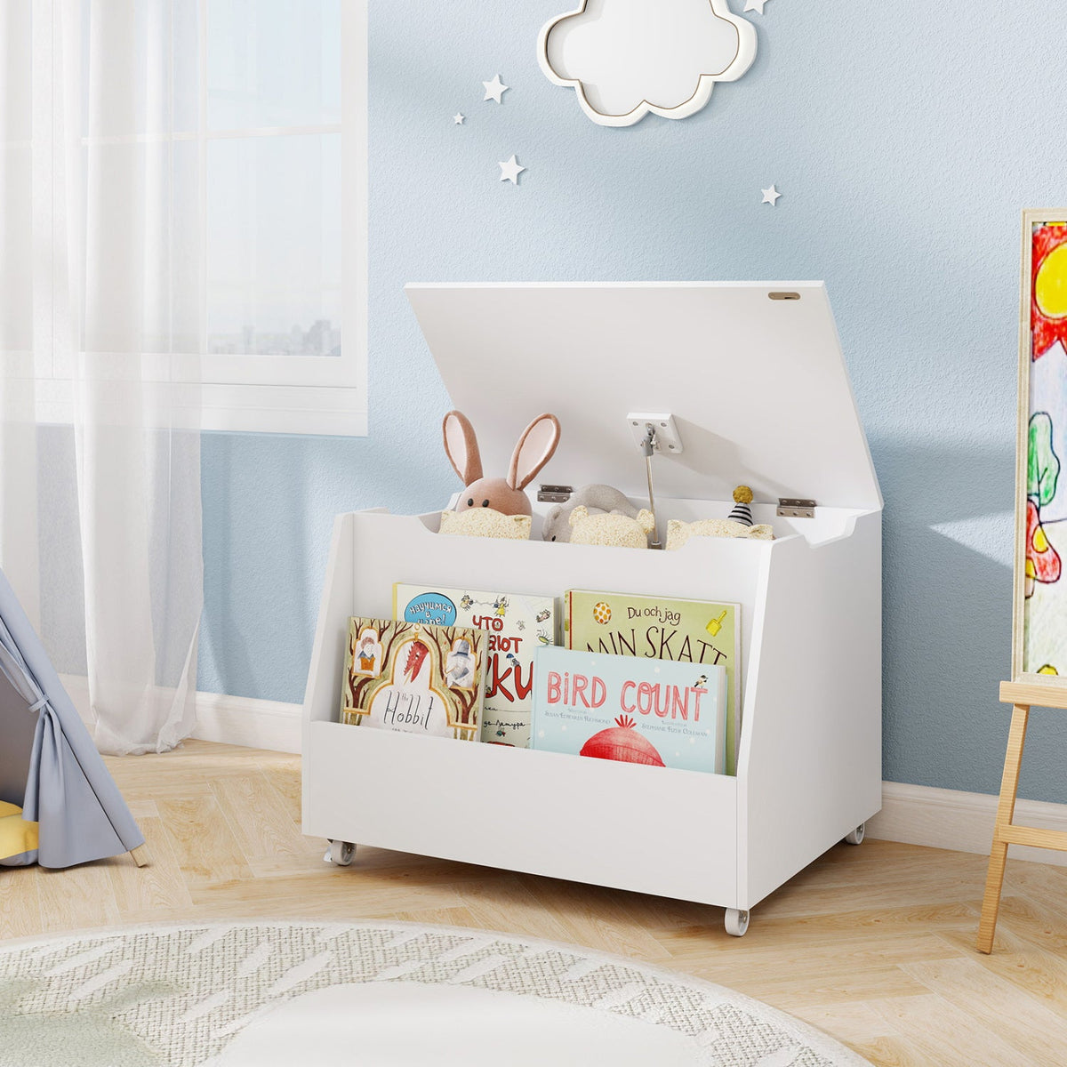 Wooden Mobile Toy Storage Organizer with Bookshelf and Lockable Wheels