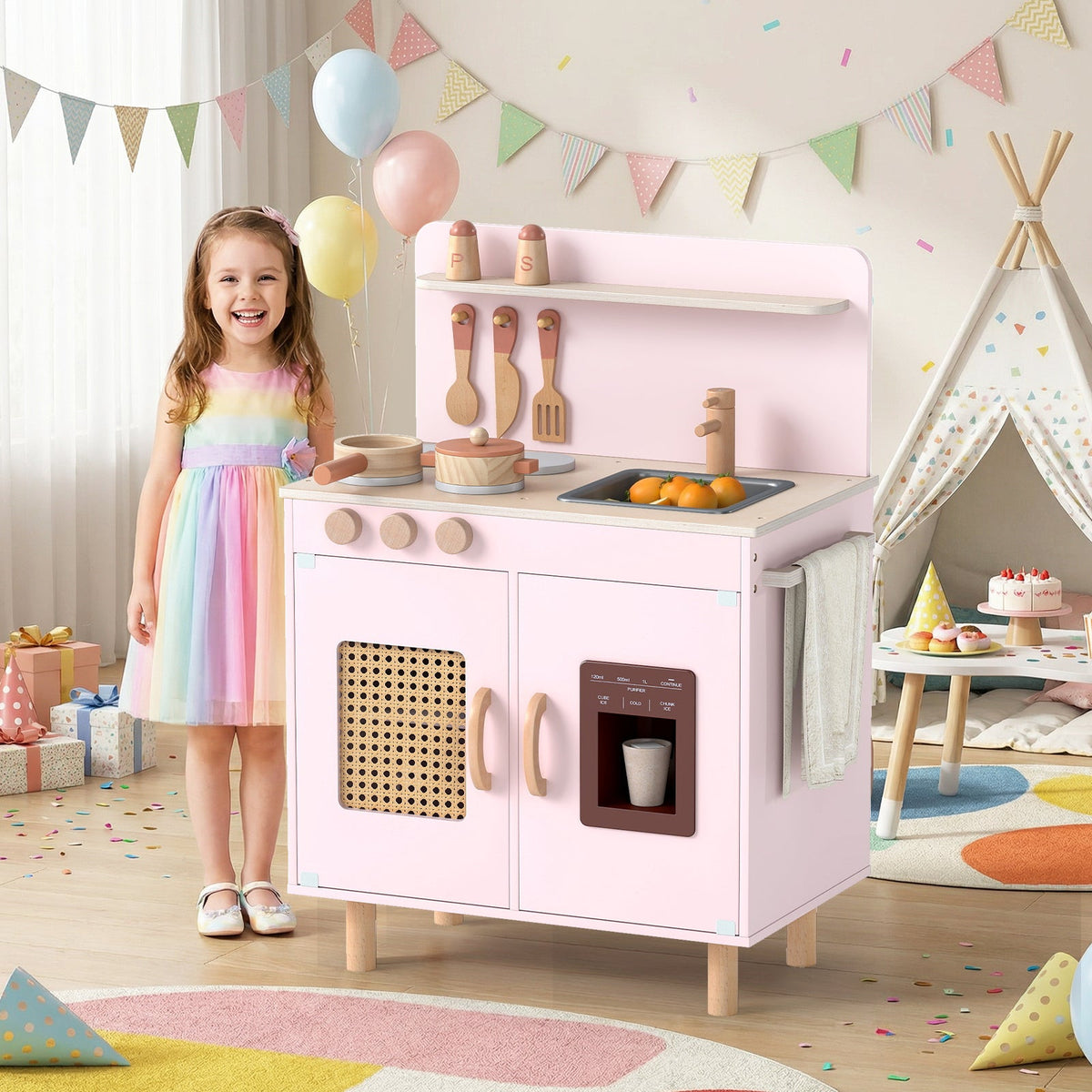 Wooden Pretend Kitchen Playset with Realistic Ice Maker