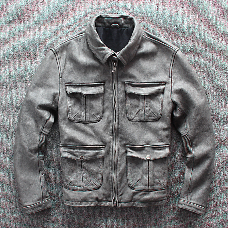 Men's Business Shirt Pocket Motorcycle Clothing Leather Jacket Coat