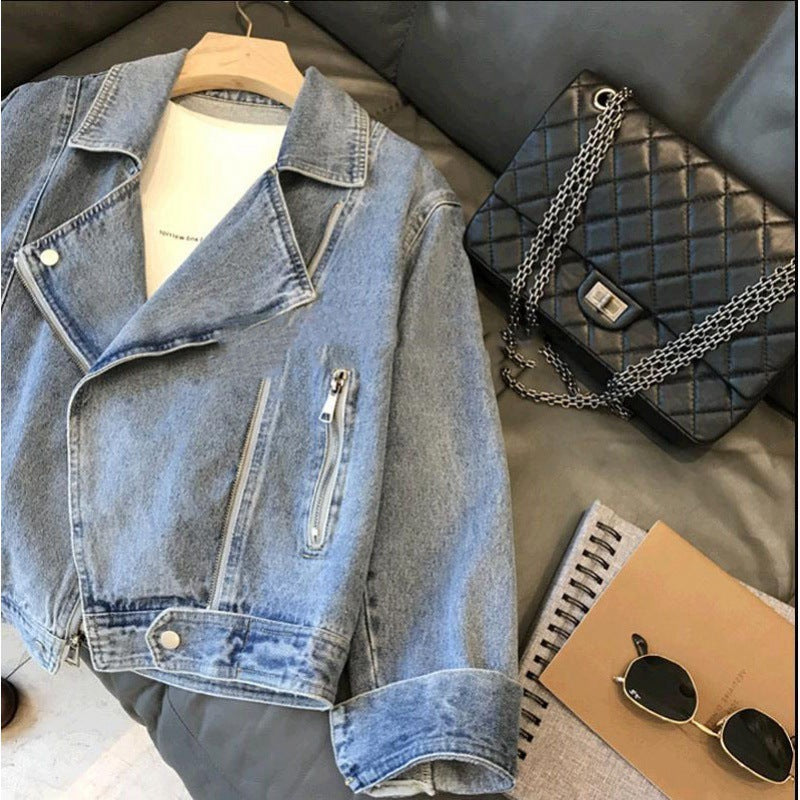 Fashion Motorcycle Lapel Long-sleeve Zipper Denim Jacket