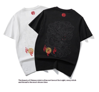Embroidered Dragon Pattern Round Neck Cotton T-shirt