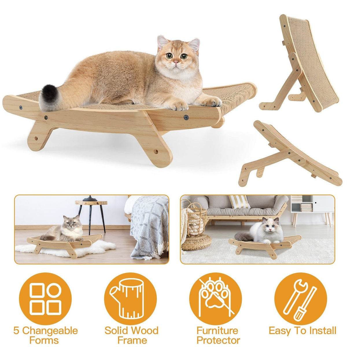 5 Changeable Forms Cardboard Cat Scratcher Double-Sided Cat Scratching Pad With Solid Wood Structure Indoor Reversible Cat Scratcher Lounge