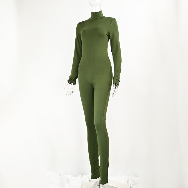 Solid Color Fleece-Lined Long Sleeve Yoga Jumpsuit for Autumn and Winter