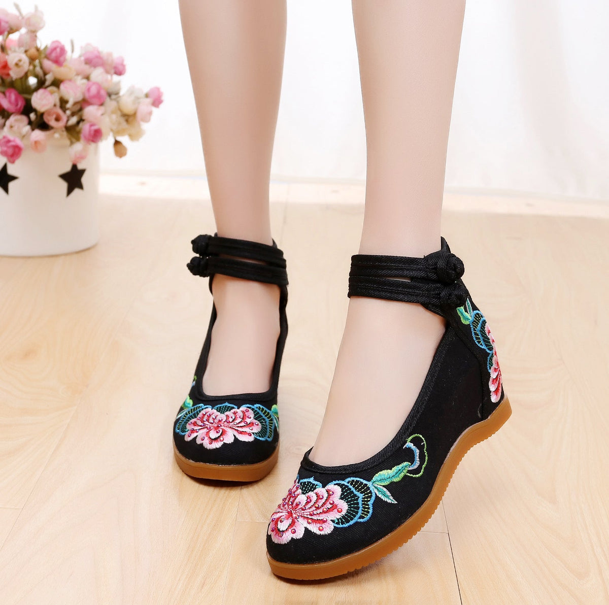 Women's Rhinestone Ethnic Style Double Buckle Canvas High Heels