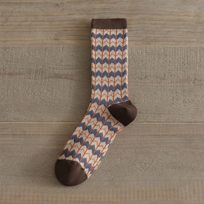 Double-Needle Dual-Channel Sweat-Absorbing Breathable Wireless Top Preppy-Style Mid-Calf Women's Socks