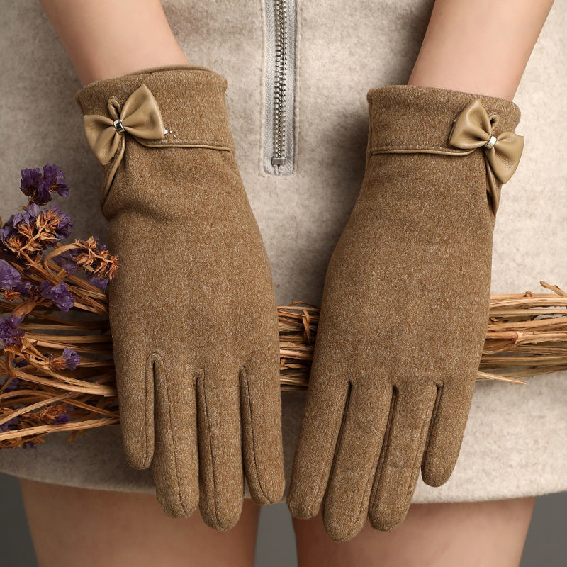 Fleece-Lined Suede Bow Touch Screen Gloves