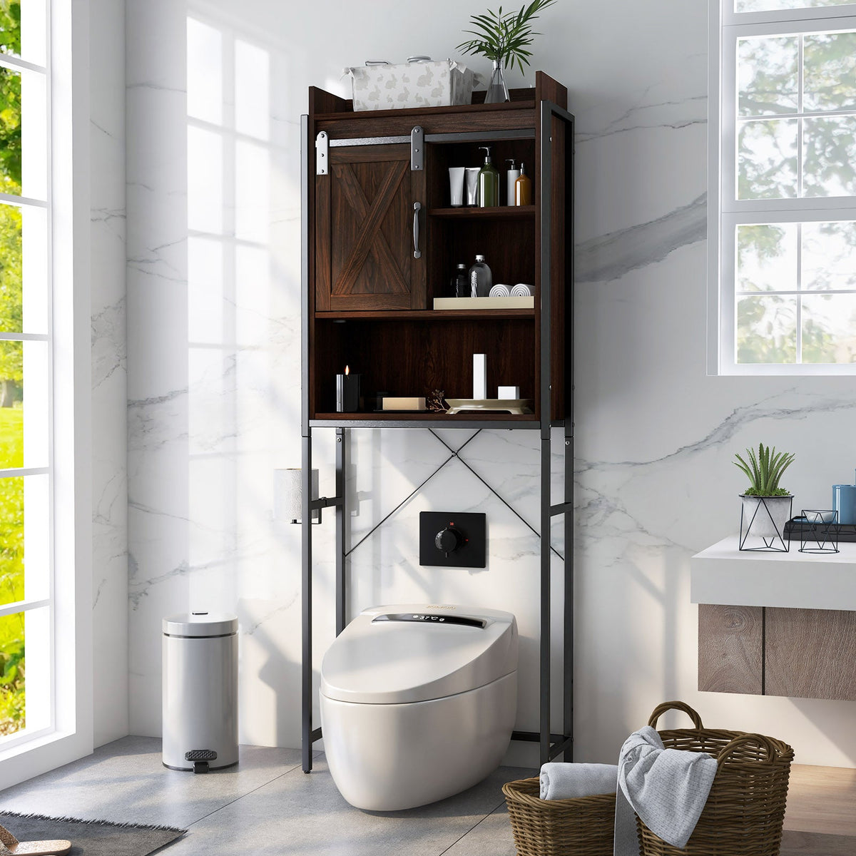4-Tier Multifunctional Toilet Sorage Cabinet with Adjustable Shelf and Sliding Barn Door