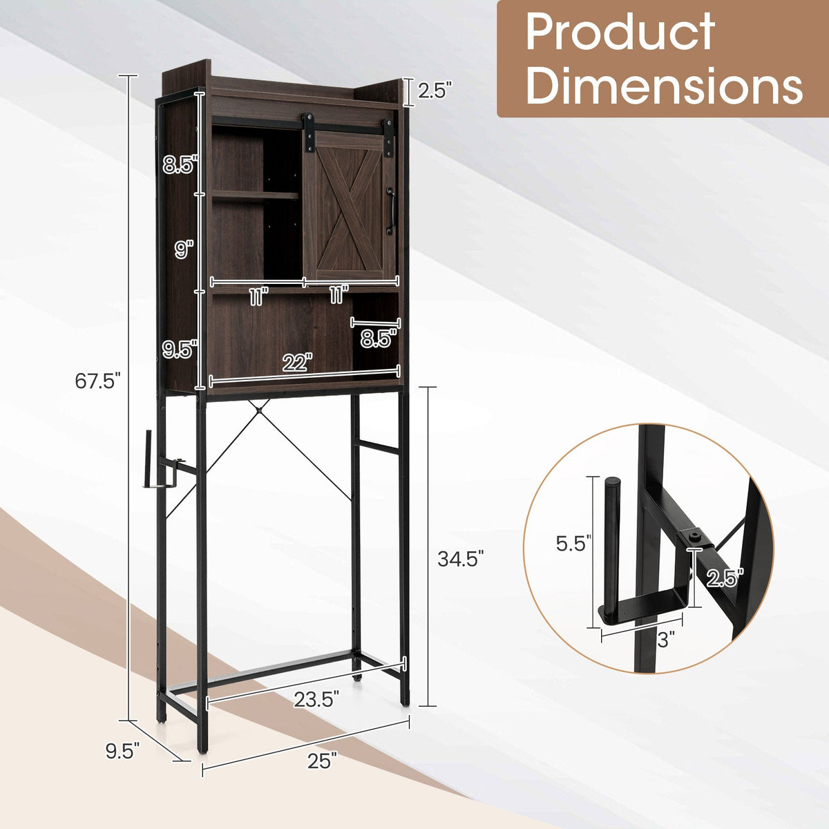 4-Tier Multifunctional Toilet Sorage Cabinet with Adjustable Shelf and Sliding Barn Door