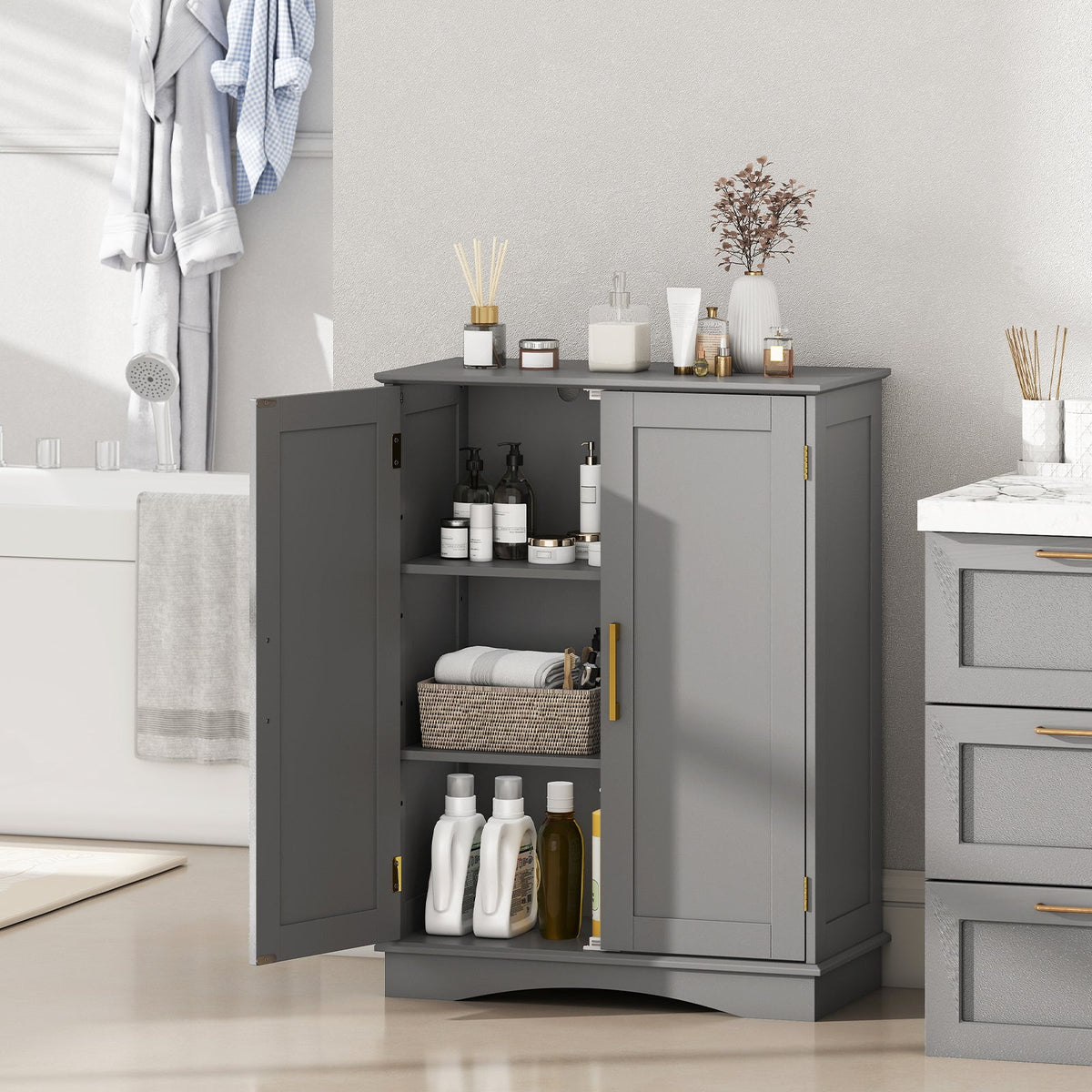 Bathroom Floor Storage Cabinet with 2 Doors and Adjustable Shelves DirectDeals