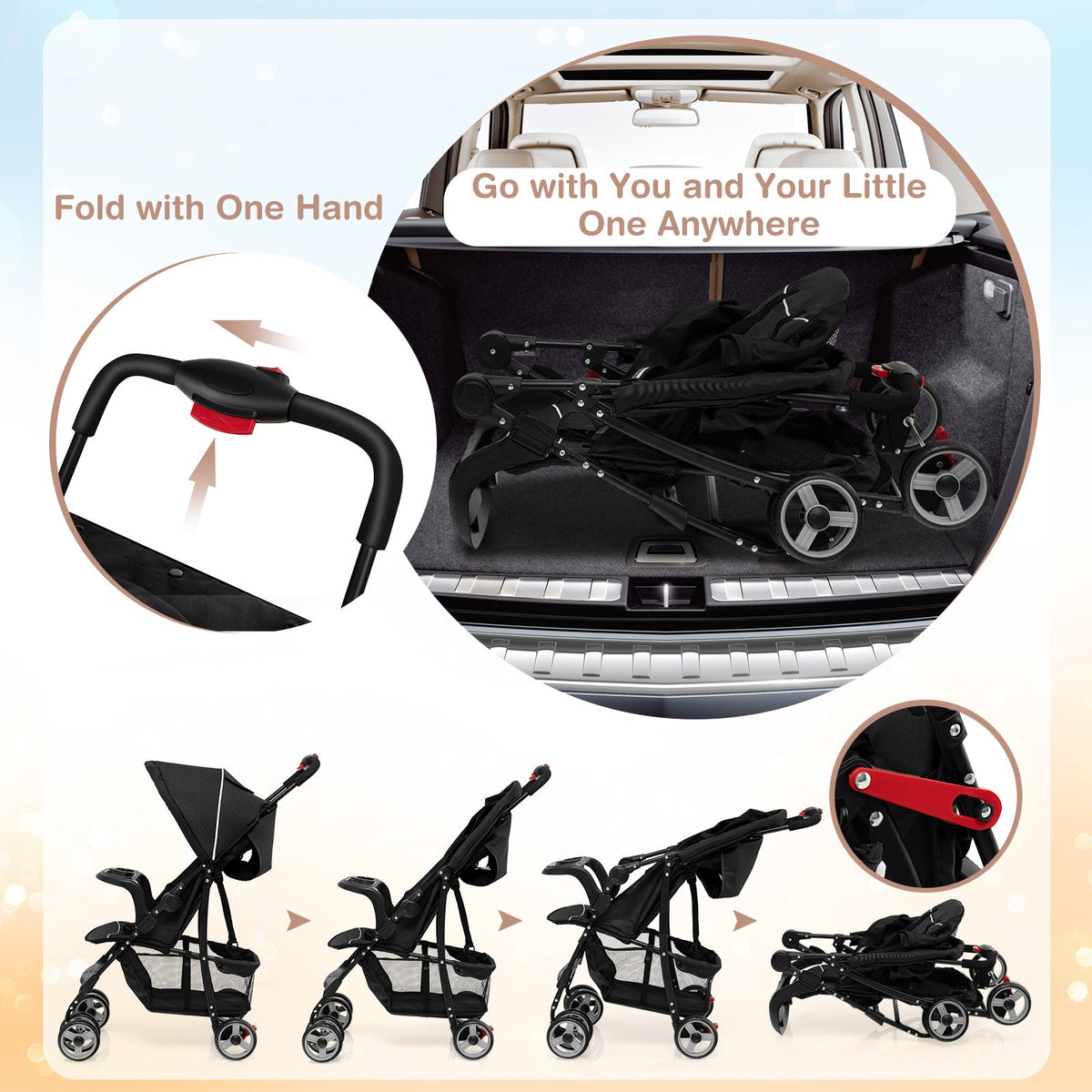 Toddler Travel Stroller for Airplane with Canopy and Adjustable Backrest-Black GBruno Store