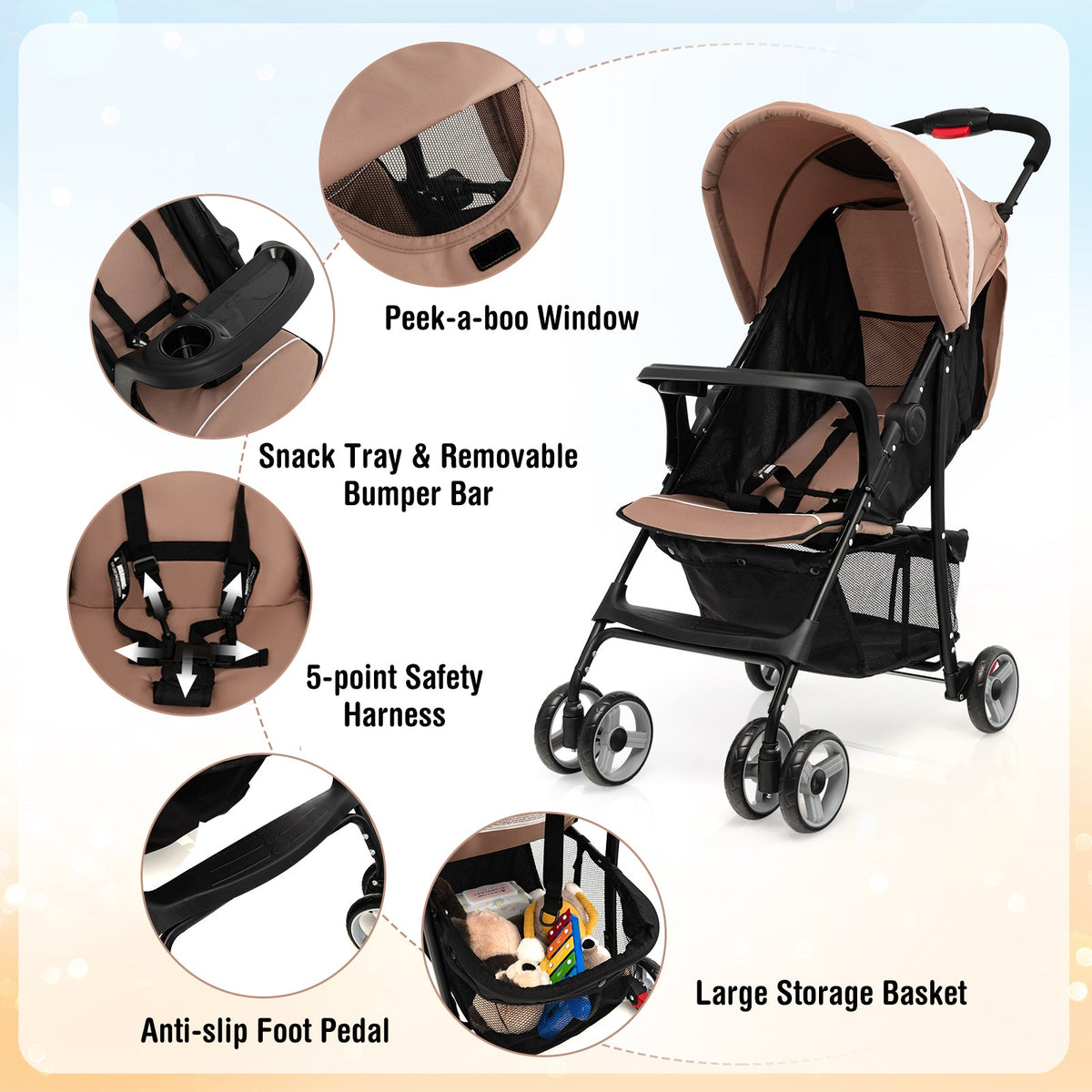 Toddler Travel Stroller for Airplane with Canopy and Adjustable Backrest-Coffee GBruno Store